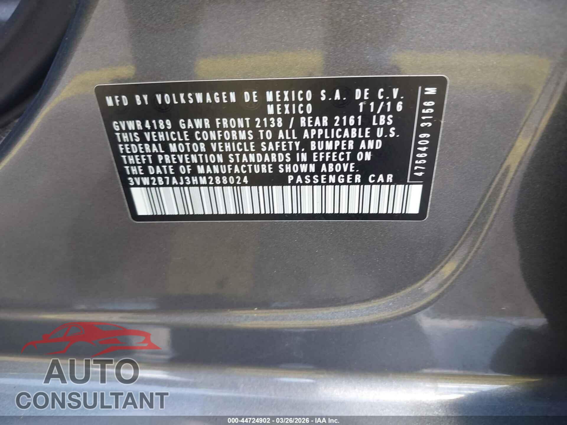 VOLKSWAGEN JETTA 2017 - 3VW2B7AJ3HM288024