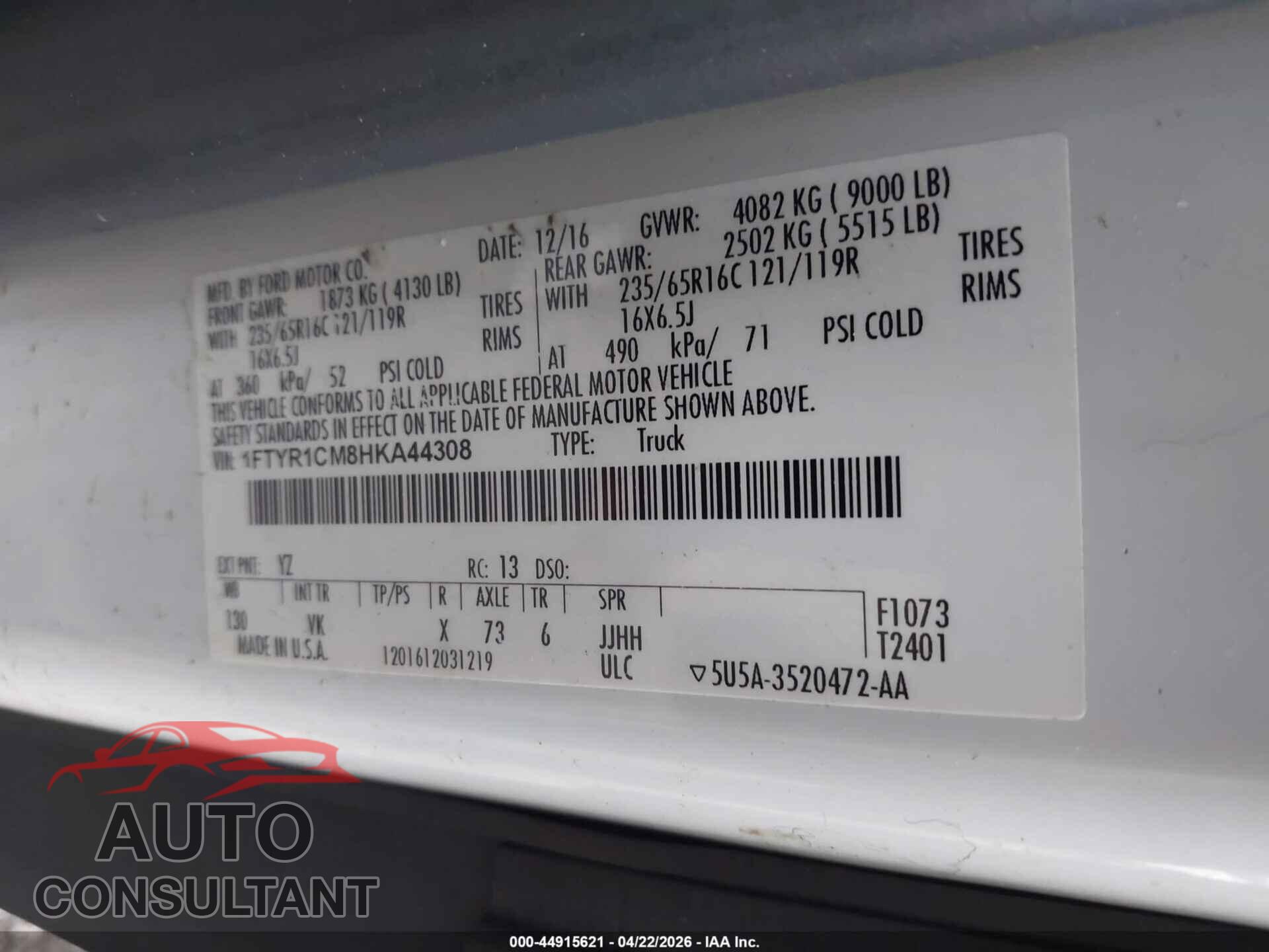 FORD TRANSIT-250 2017 - 1FTYR1CM8HKA44308