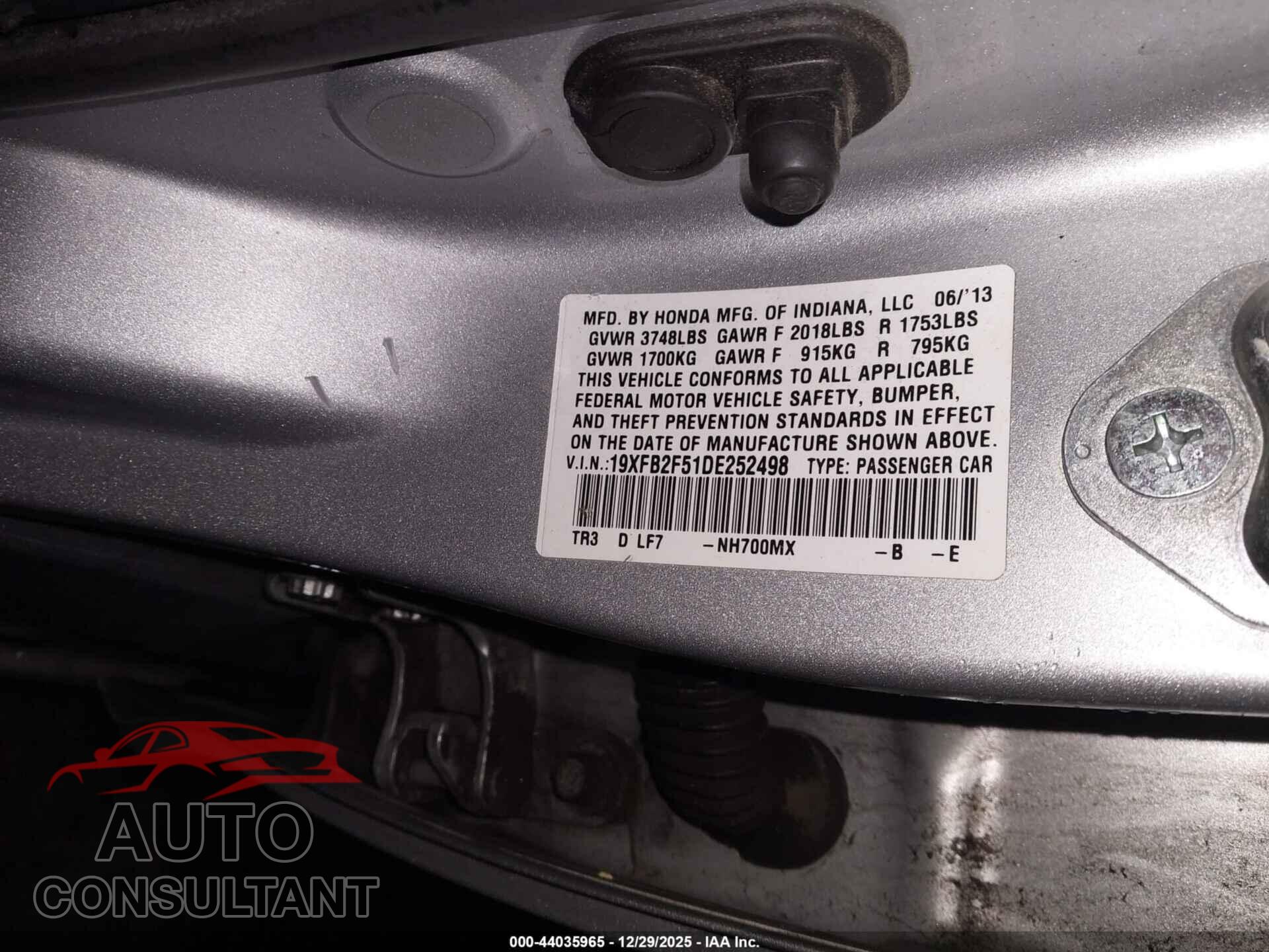 HONDA CIVIC 2013 - 19XFB2F51DE252498