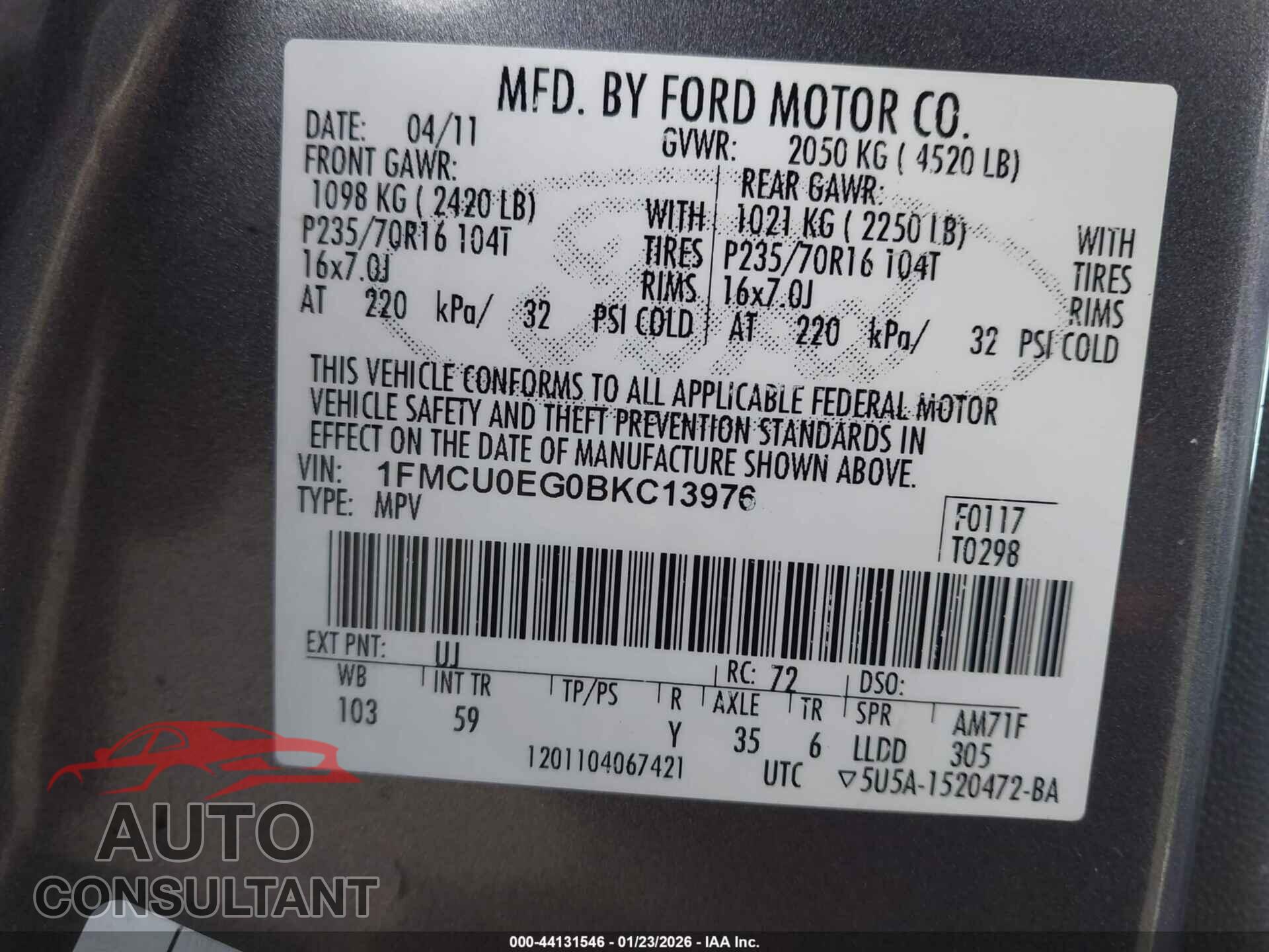 FORD ESCAPE 2011 - 1FMCU0EG0BKC13976