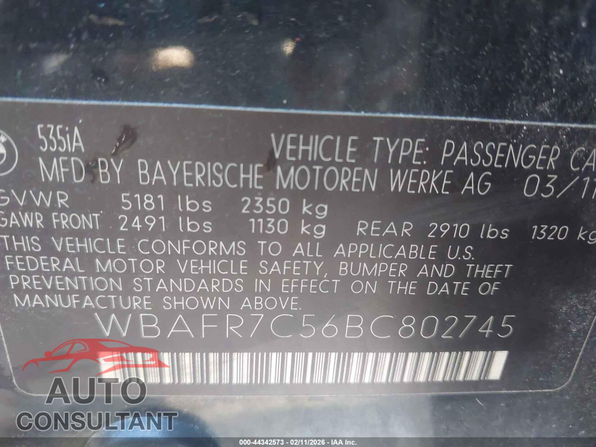 BMW 535I 2011 - WBAFR7C56BC802745