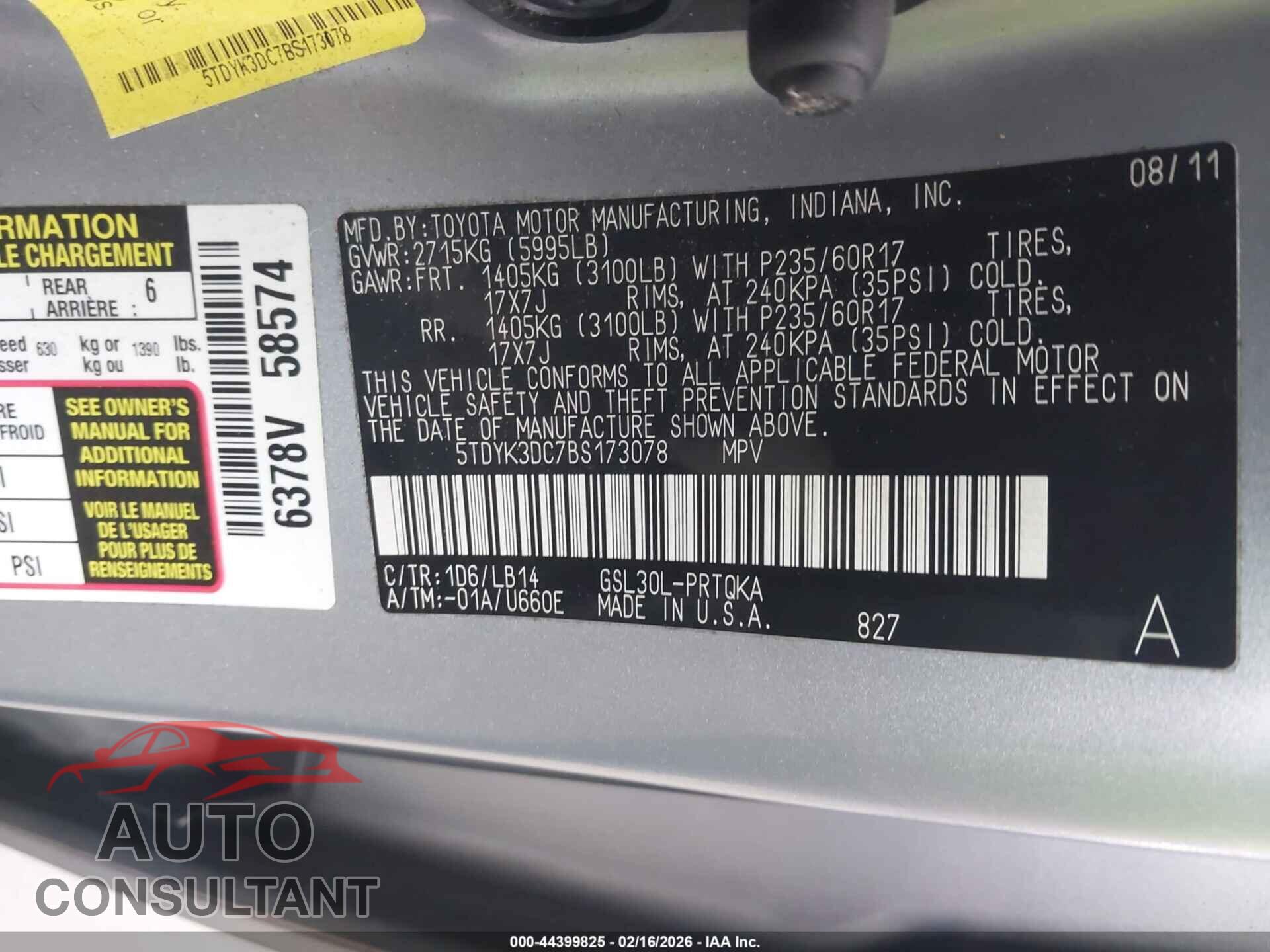 TOYOTA SIENNA 2011 - 5TDYK3DC7BS173078