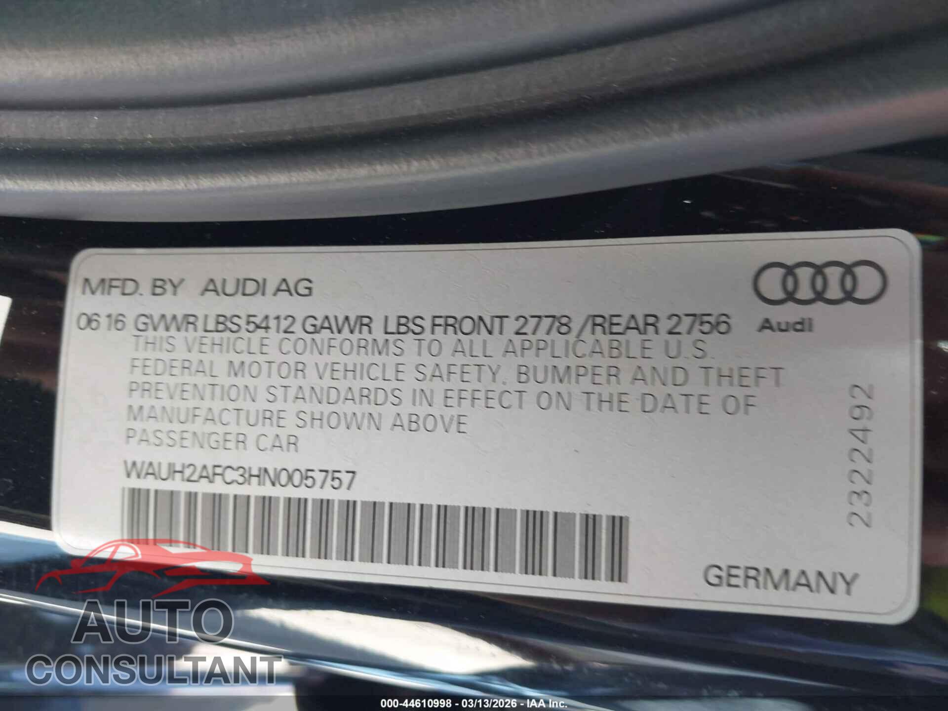 AUDI A6 2017 - WAUH2AFC3HN005757
