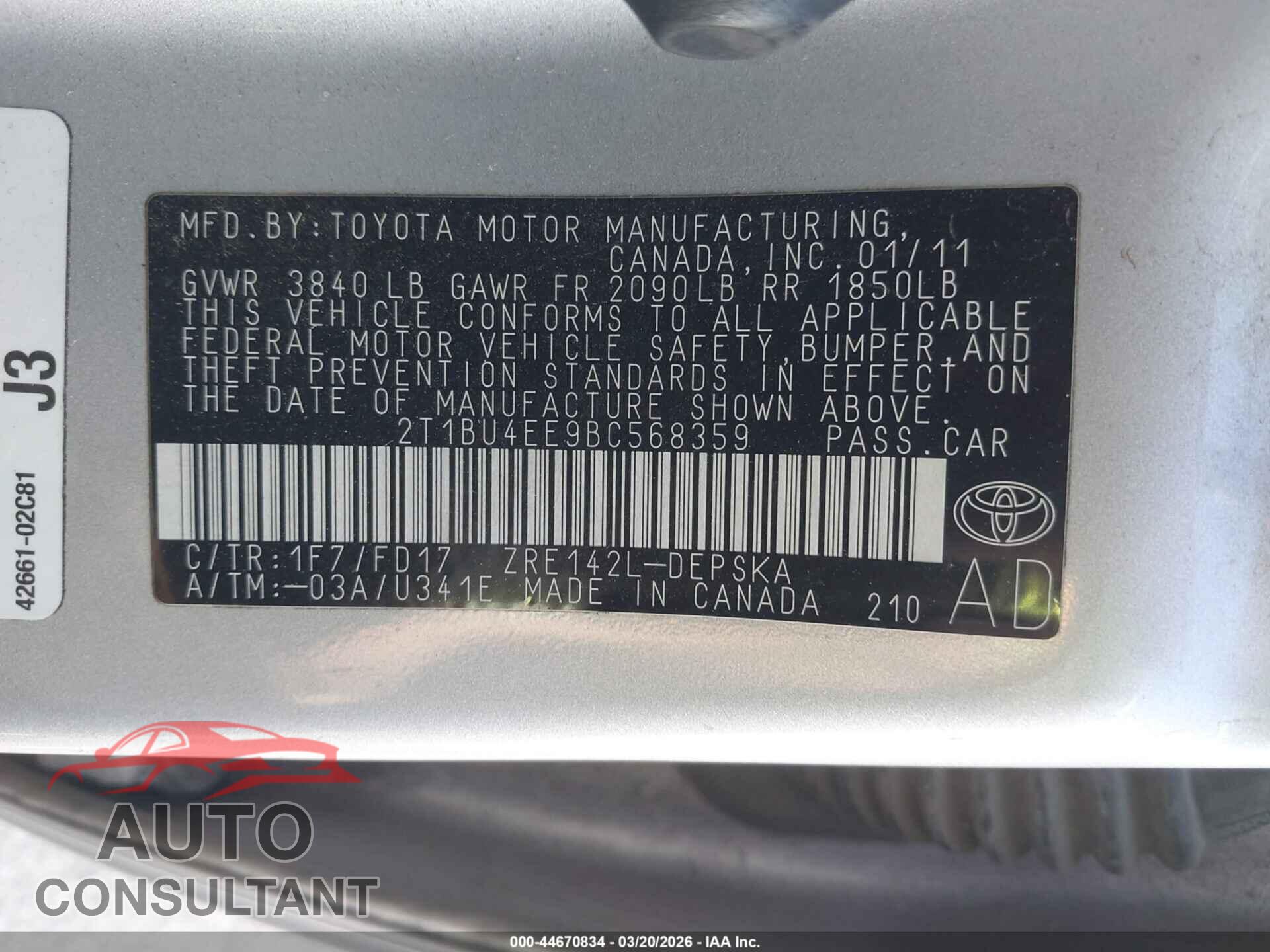 TOYOTA COROLLA 2011 - 2T1BU4EE9BC568359