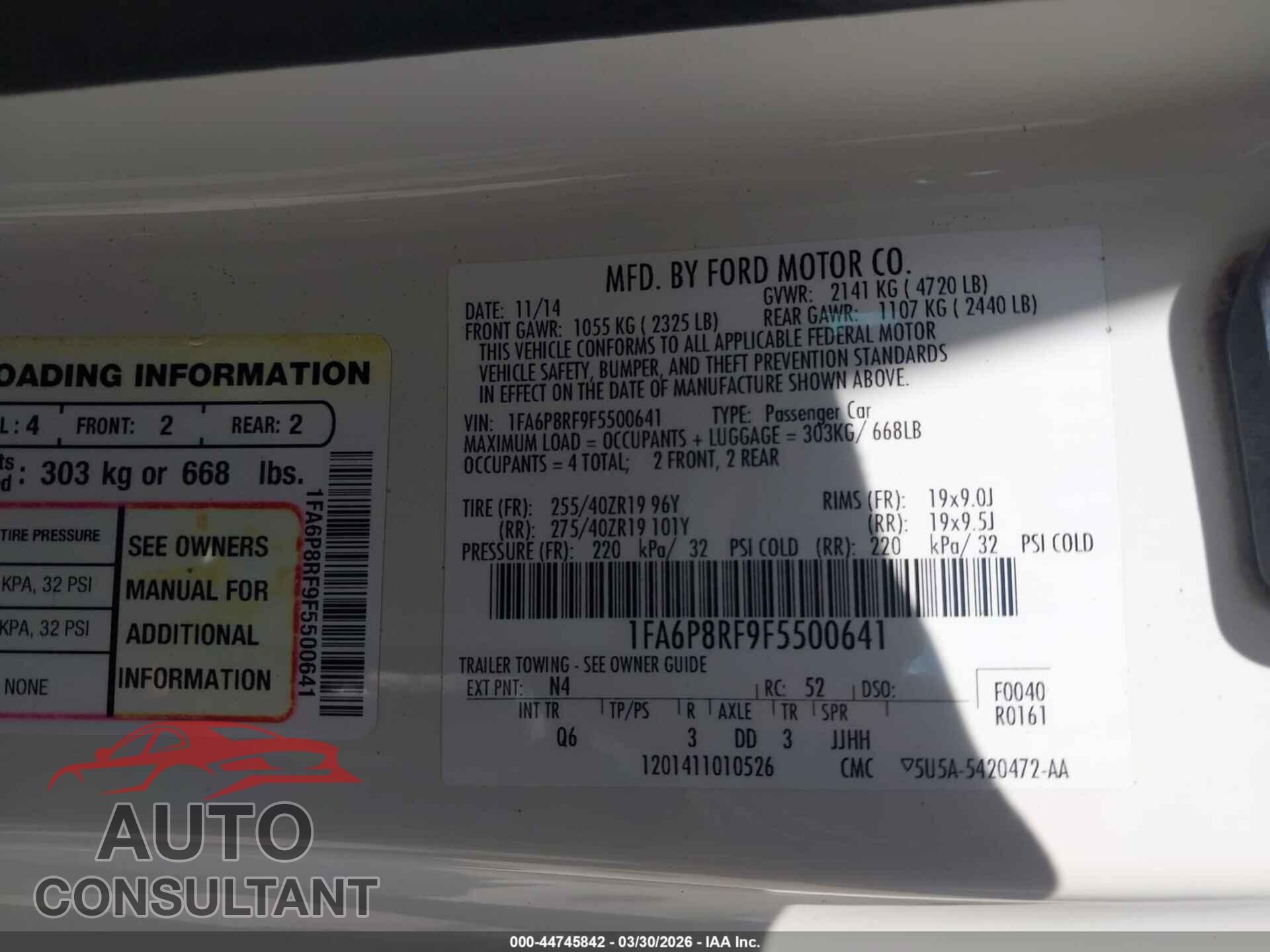 FORD MUSTANG 2015 - 1FA6P8RF9F5500641