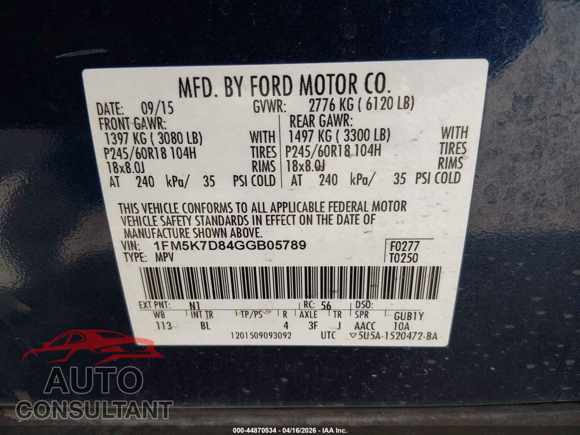 FORD EXPLORER 2016 - 1FM5K7D84GGB05789