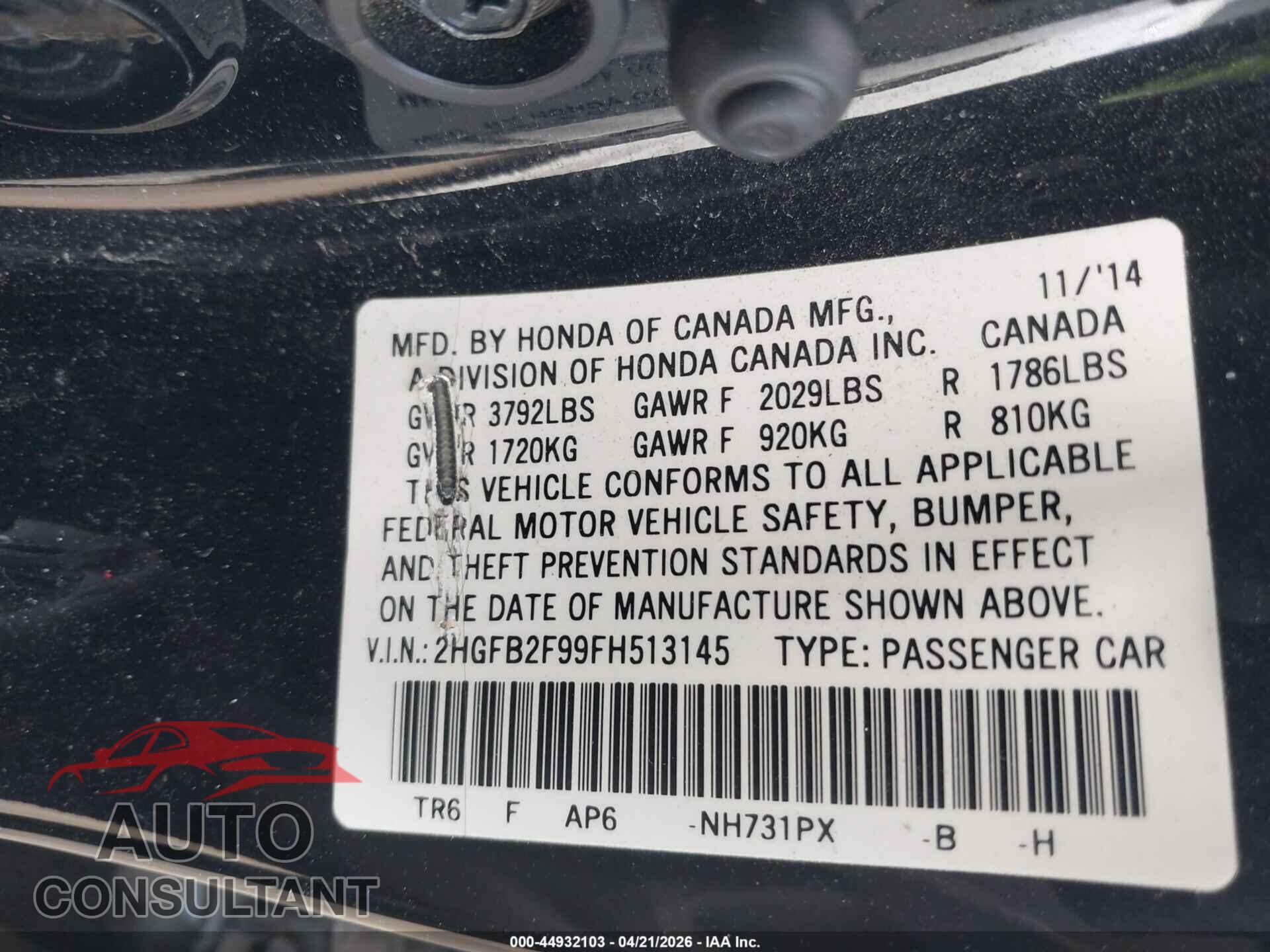 HONDA CIVIC 2015 - 2HGFB2F99FH513145