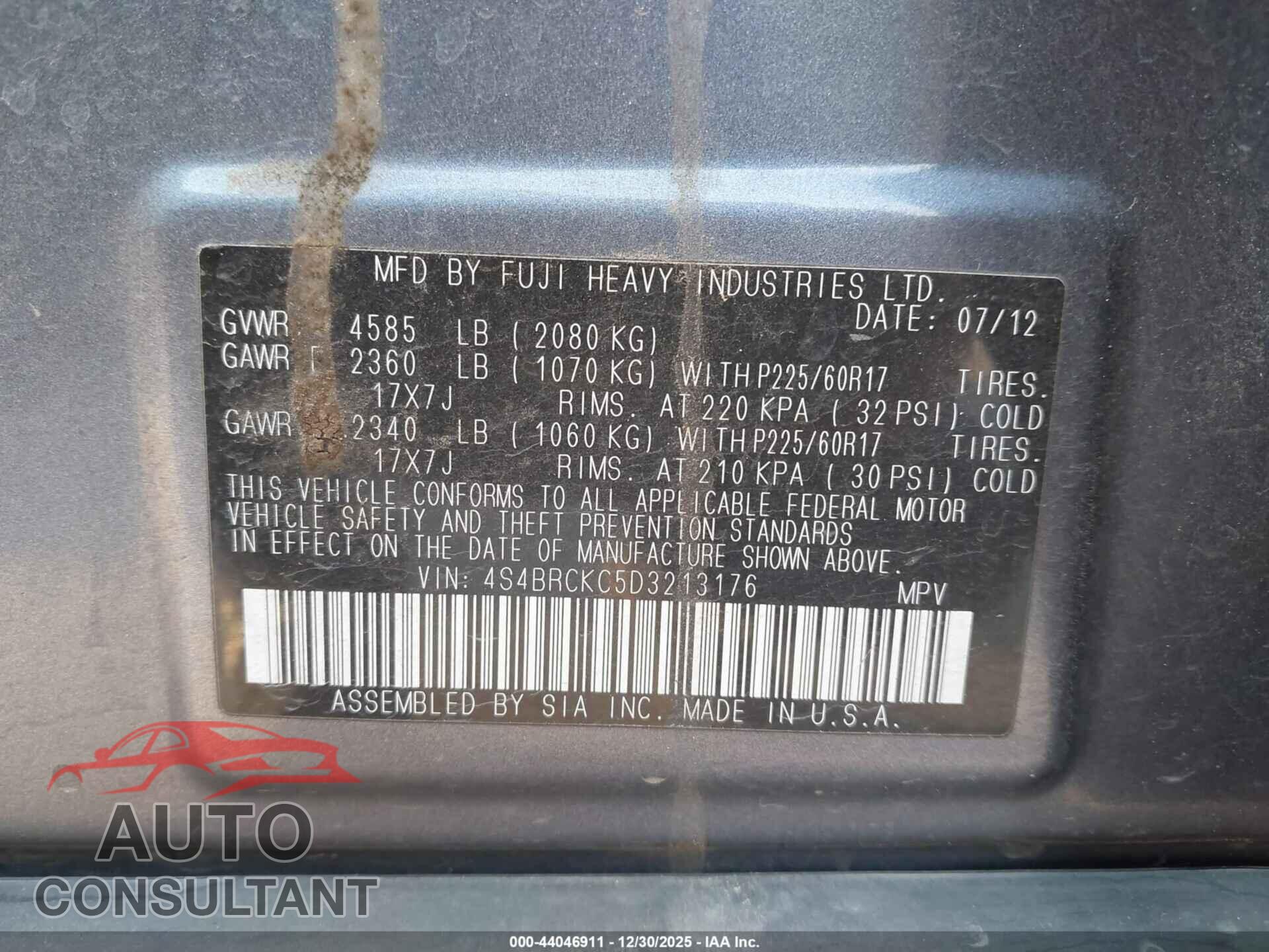 SUBARU OUTBACK 2013 - 4S4BRCKC5D3213176
