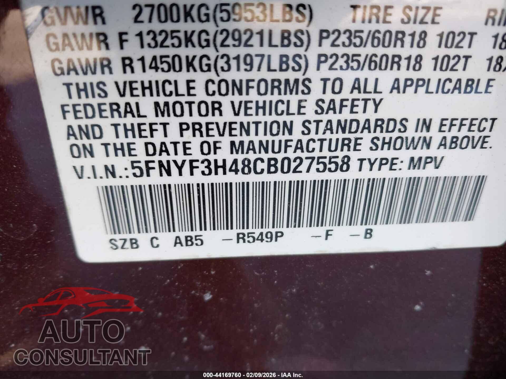 HONDA PILOT 2012 - 5FNYF3H48CB027558