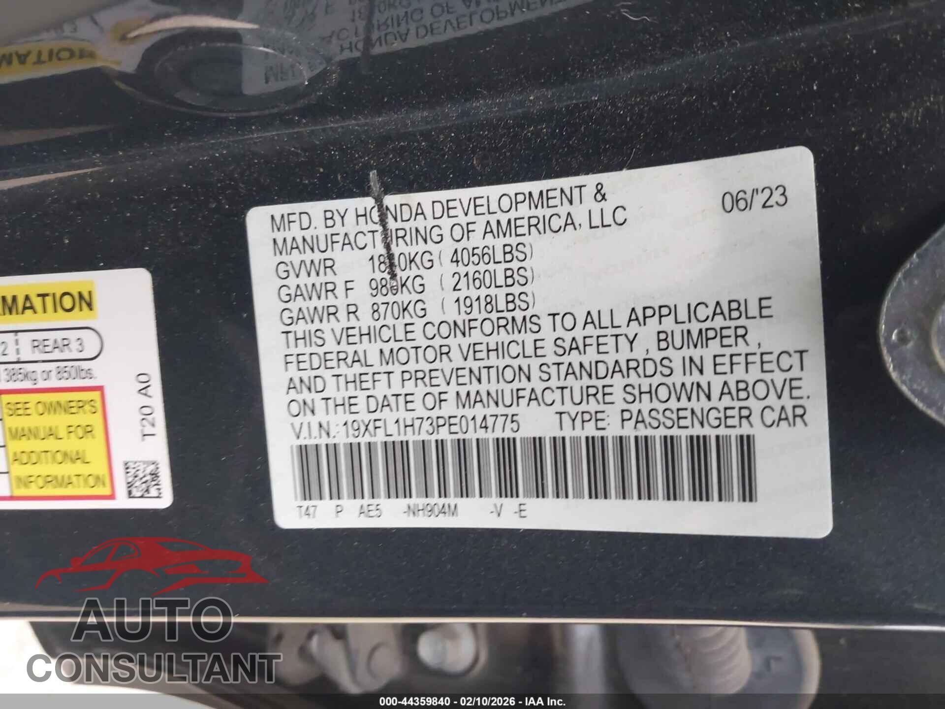 HONDA CIVIC 2023 - 19XFL1H73PE014775