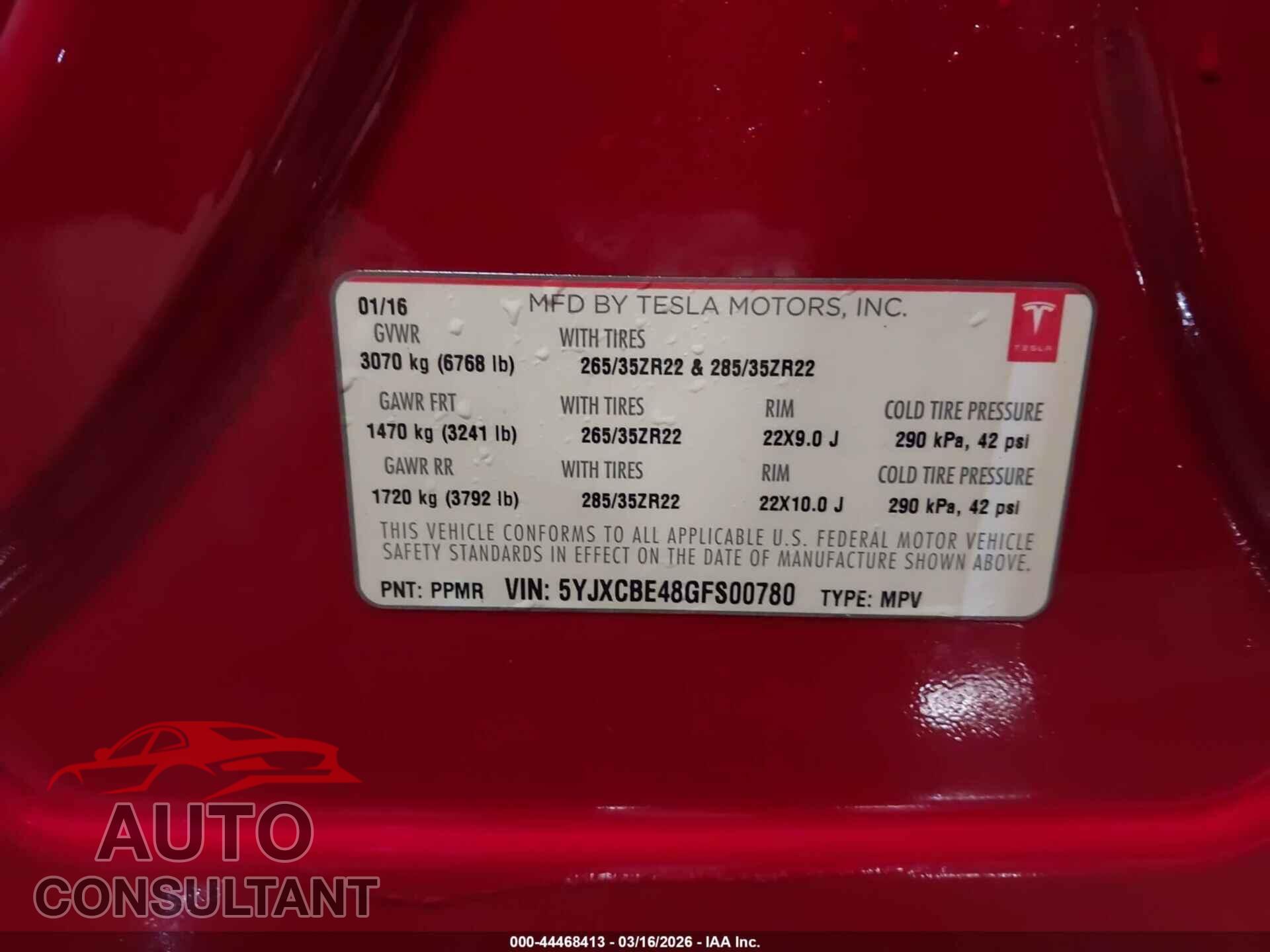 TESLA MODEL X 2016 - 5YJXCBE48GFS00780
