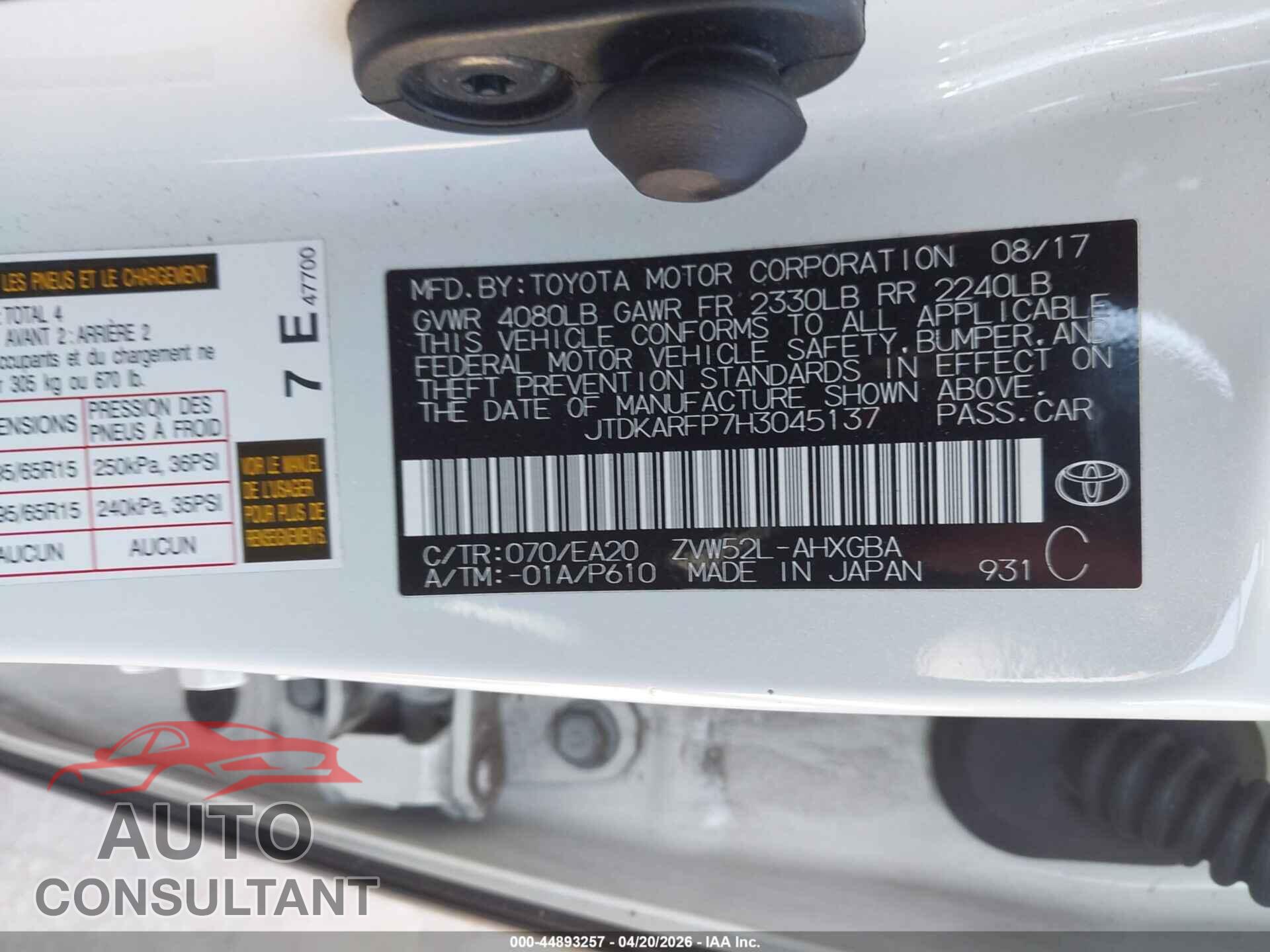 TOYOTA PRIUS PRIME 2017 - JTDKARFP7H3045137