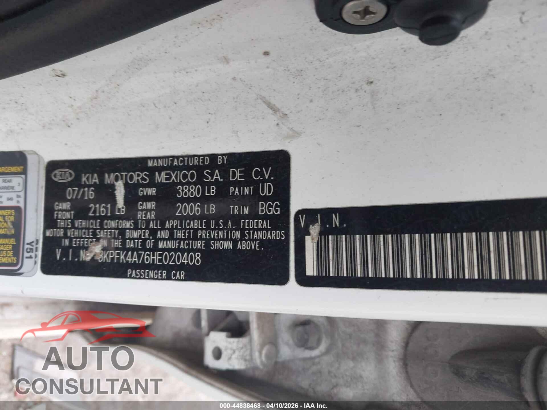 KIA FORTE 2017 - 3KPFK4A76HE020408