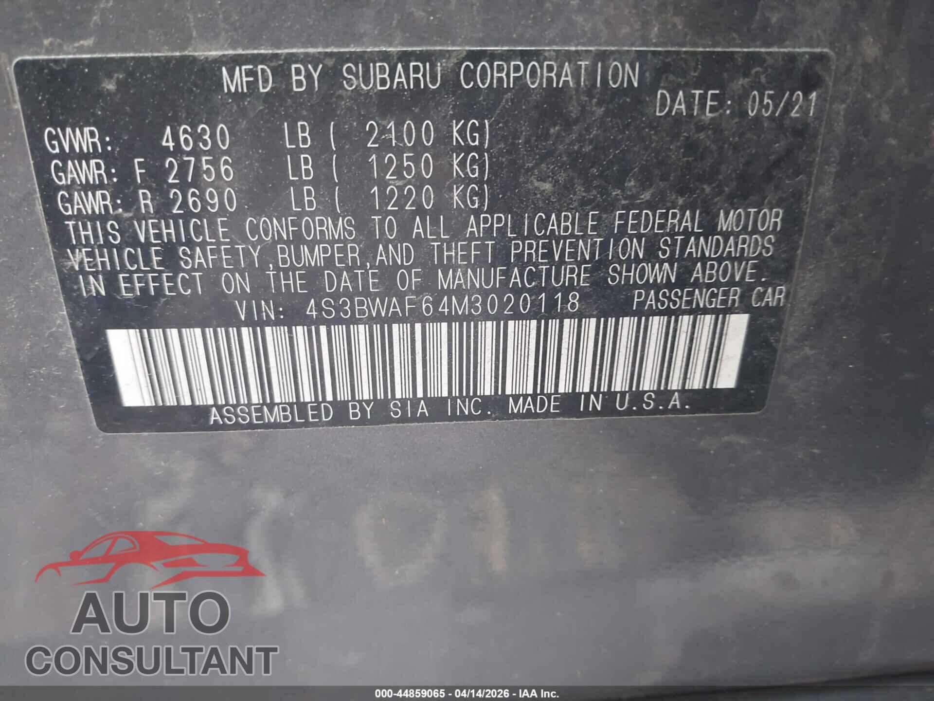 SUBARU LEGACY 2021 - 4S3BWAF64M3020118