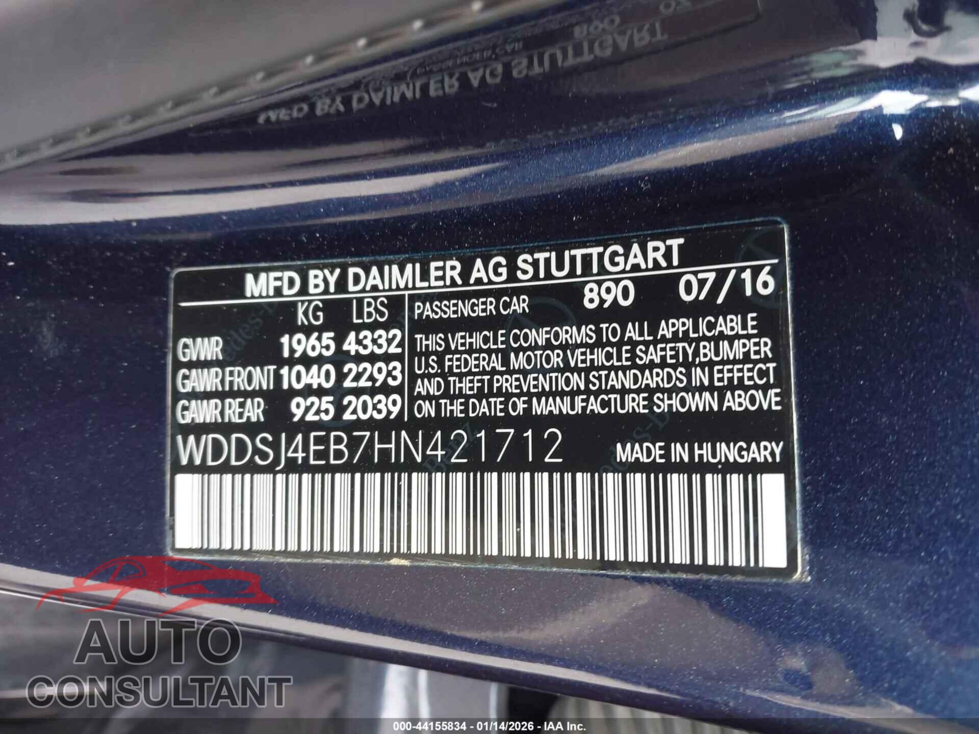 MERCEDES-BENZ CLA 250 2017 - WDDSJ4EB7HN421712