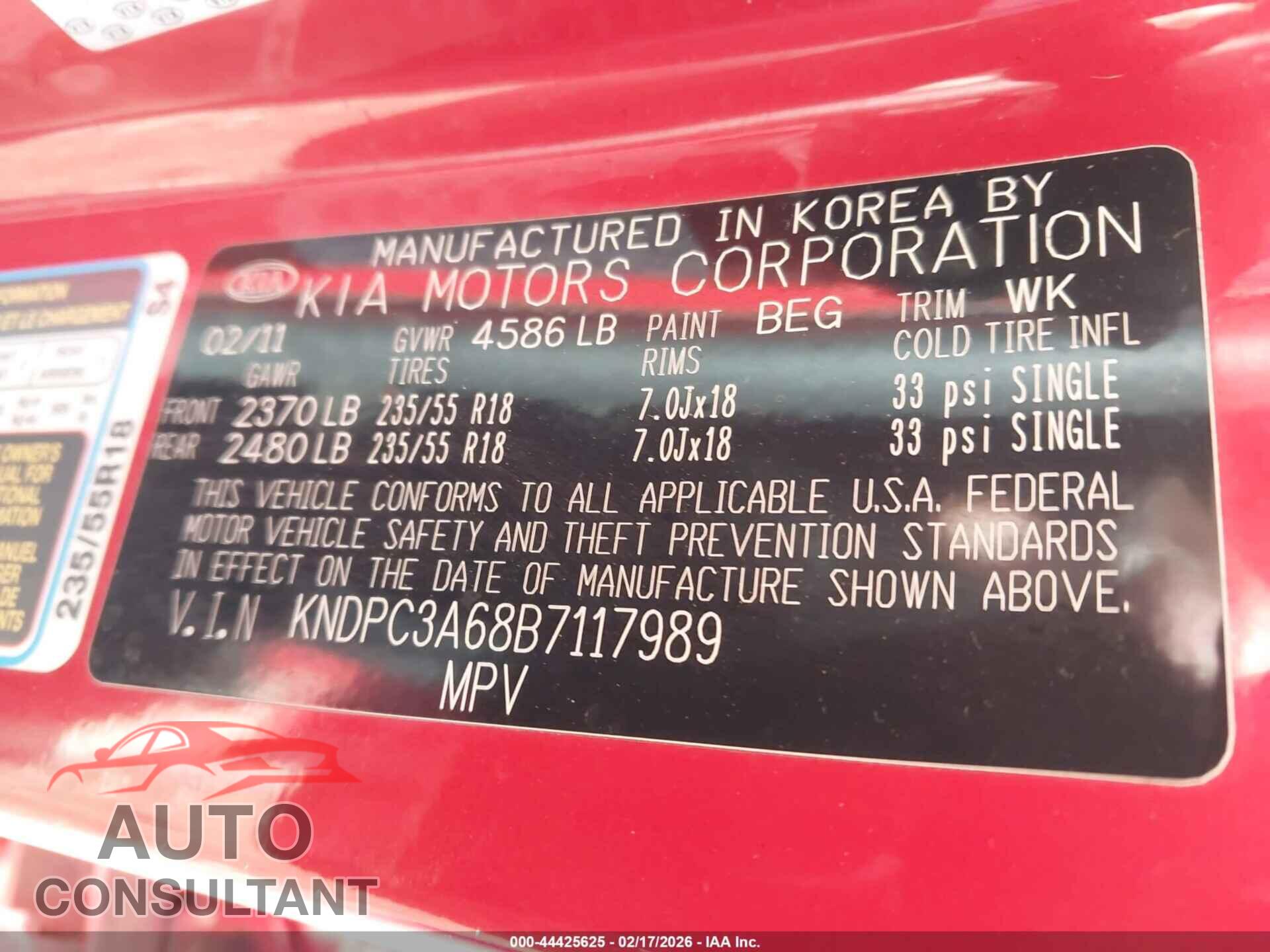 KIA SPORTAGE 2011 - KNDPC3A68B7117989