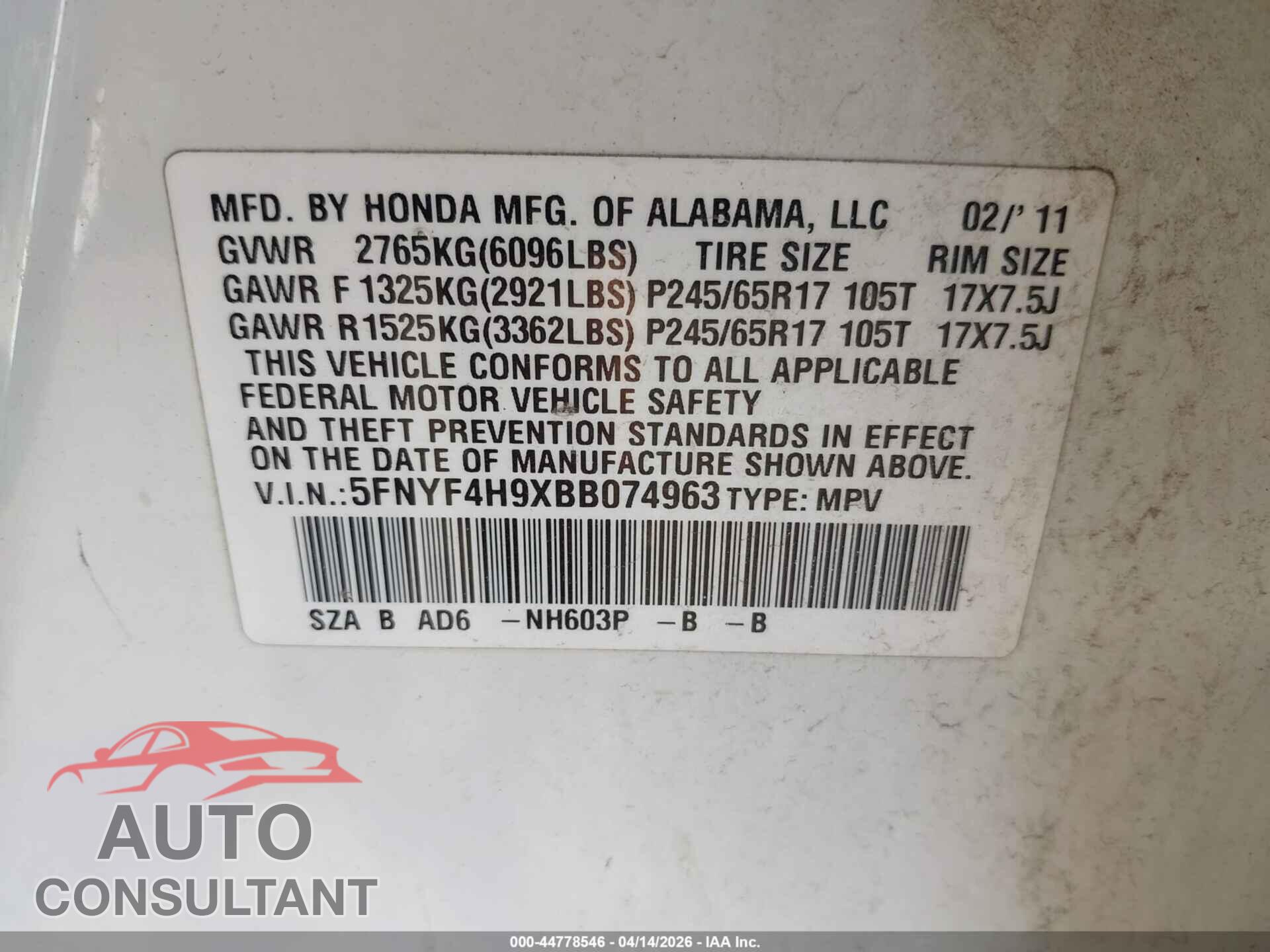 HONDA PILOT 2011 - 5FNYF4H9XBB074963