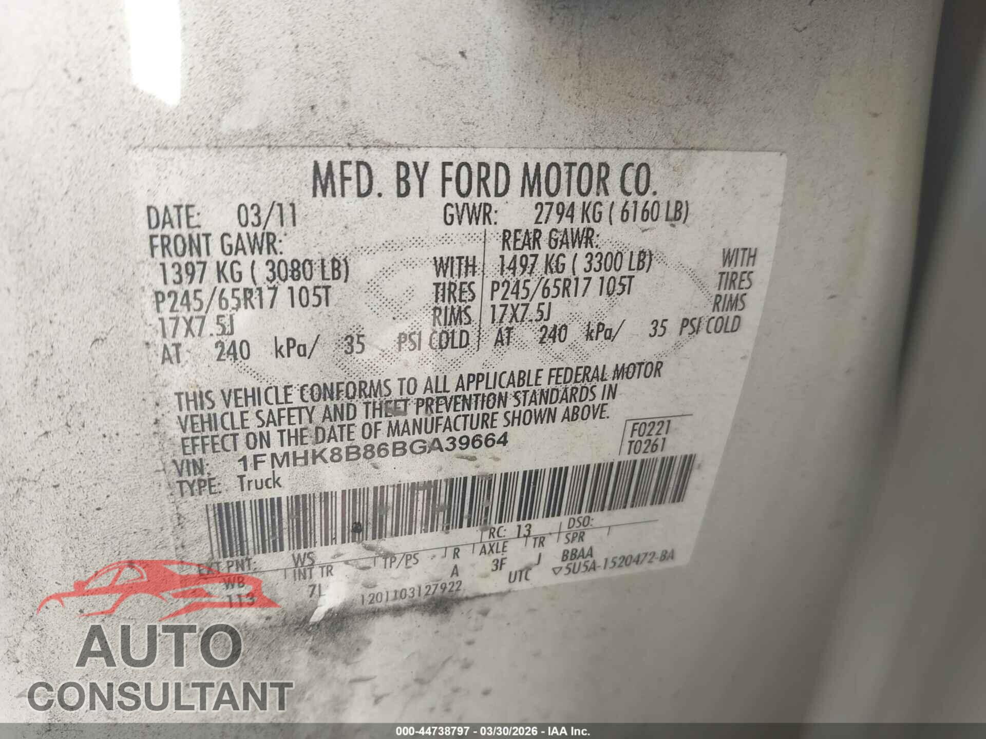 FORD EXPLORER 2011 - 1FMHK8B86BGA39664
