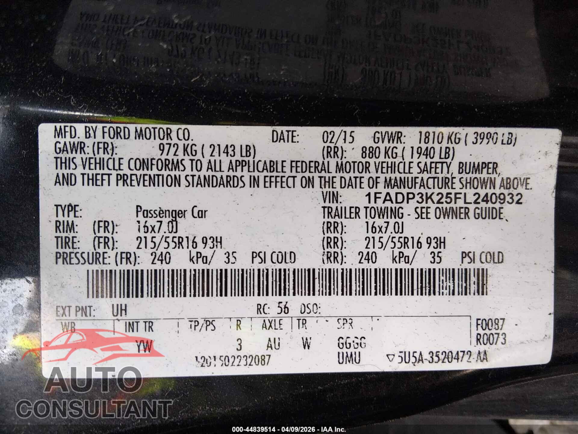 FORD FOCUS 2015 - 1FADP3K25FL240932