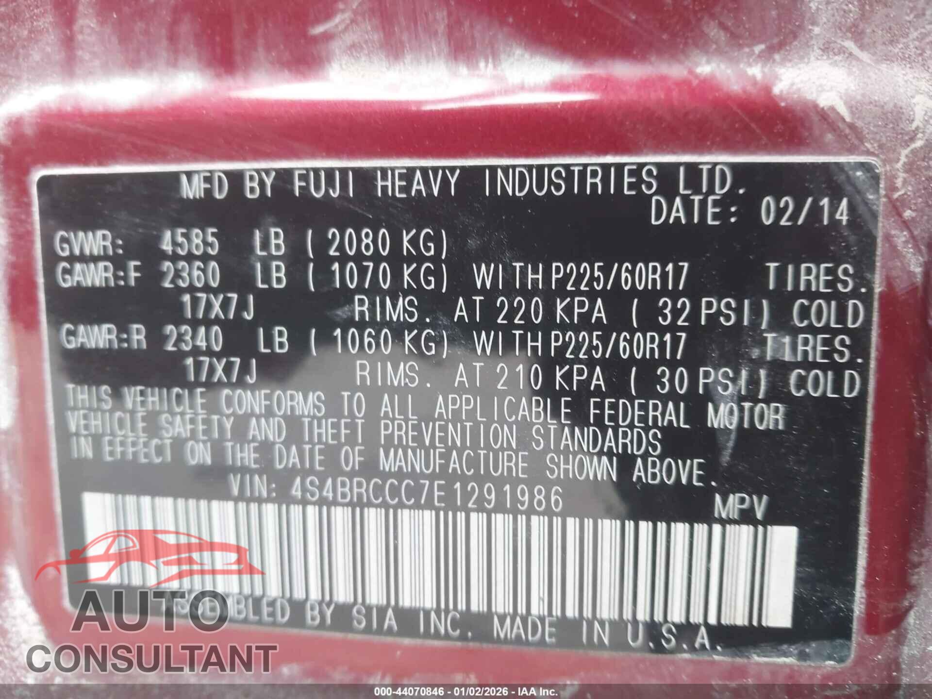 SUBARU OUTBACK 2014 - 4S4BRCCC7E1291986