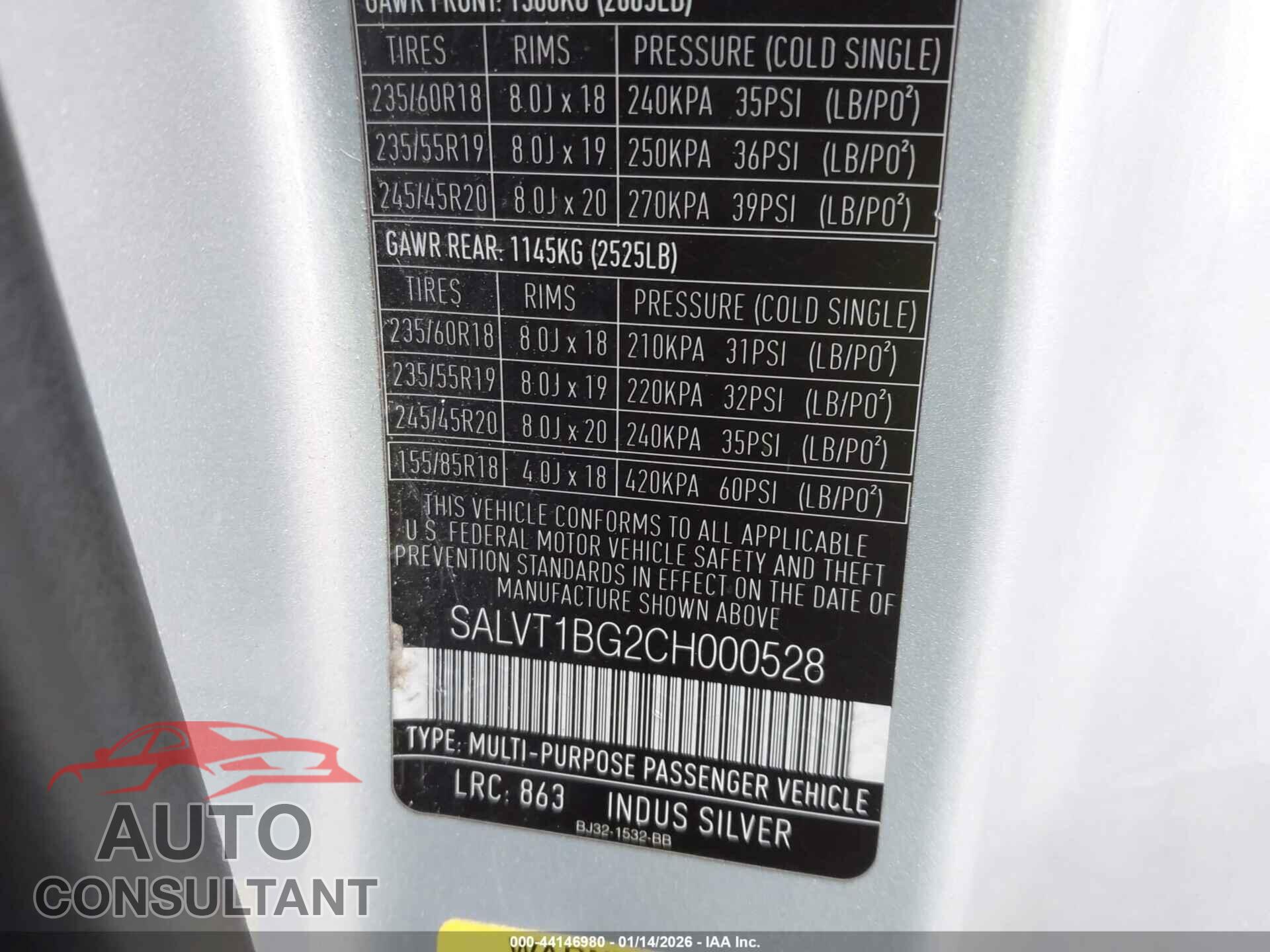 LAND ROVER RANGE ROVER EVOQUE 2012 - SALVT1BG2CH000528