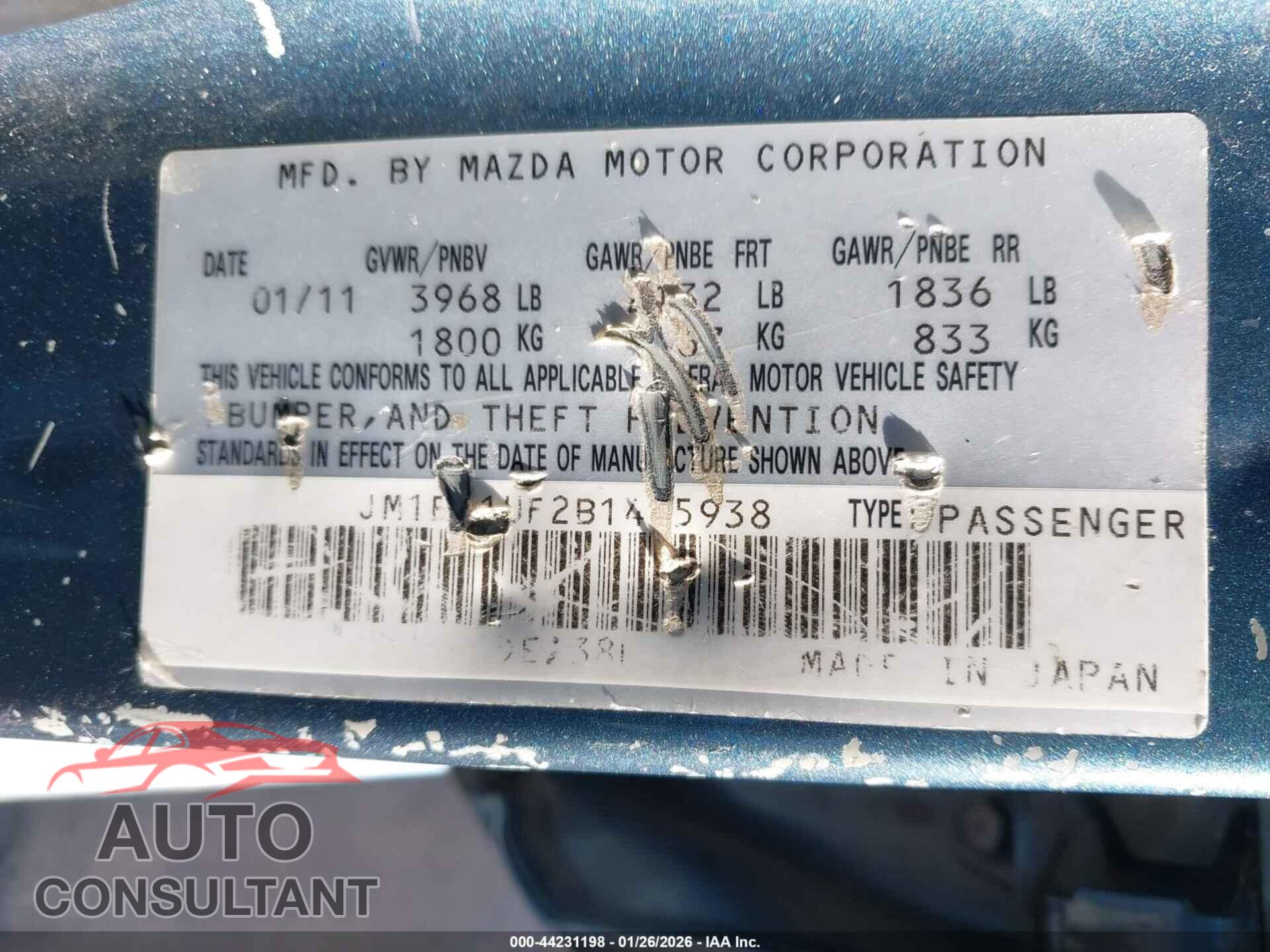 MAZDA MAZDA3 2011 - JM1BL1UF2B1445938