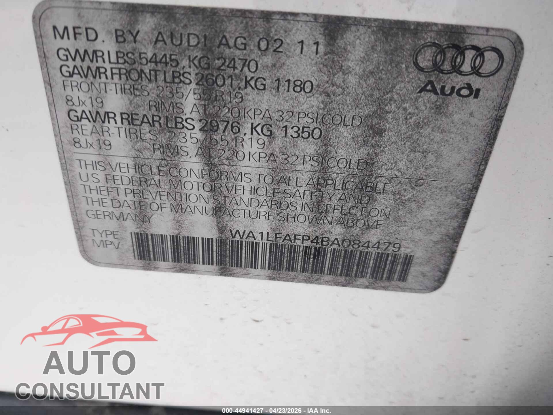 AUDI Q5 2011 - WA1LFAFP4BA084479