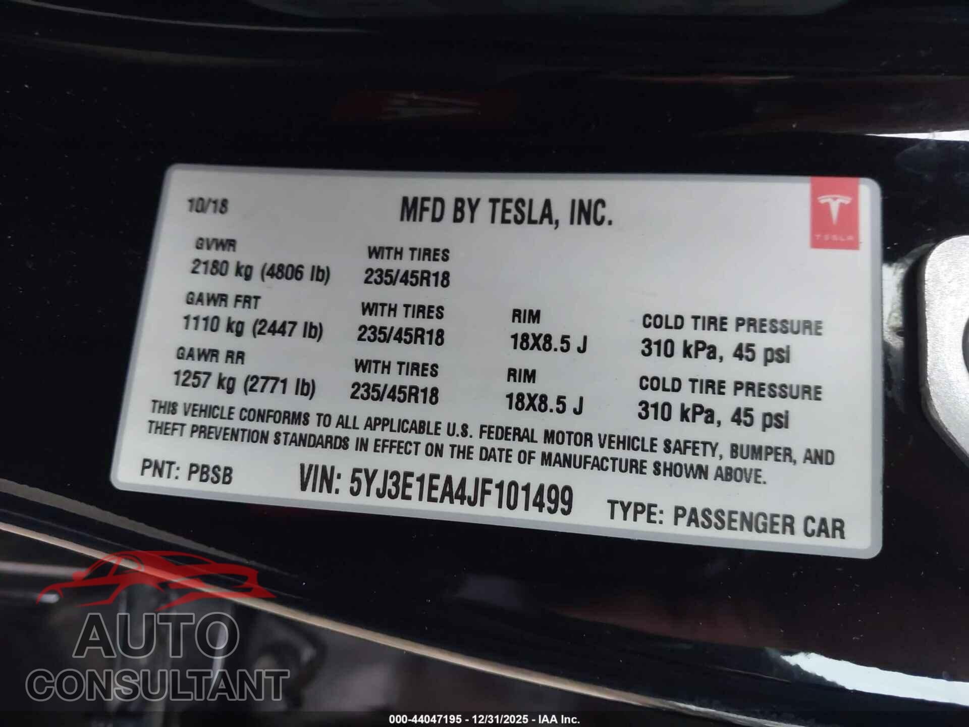 TESLA MODEL 3 2018 - 5YJ3E1EA4JF101499