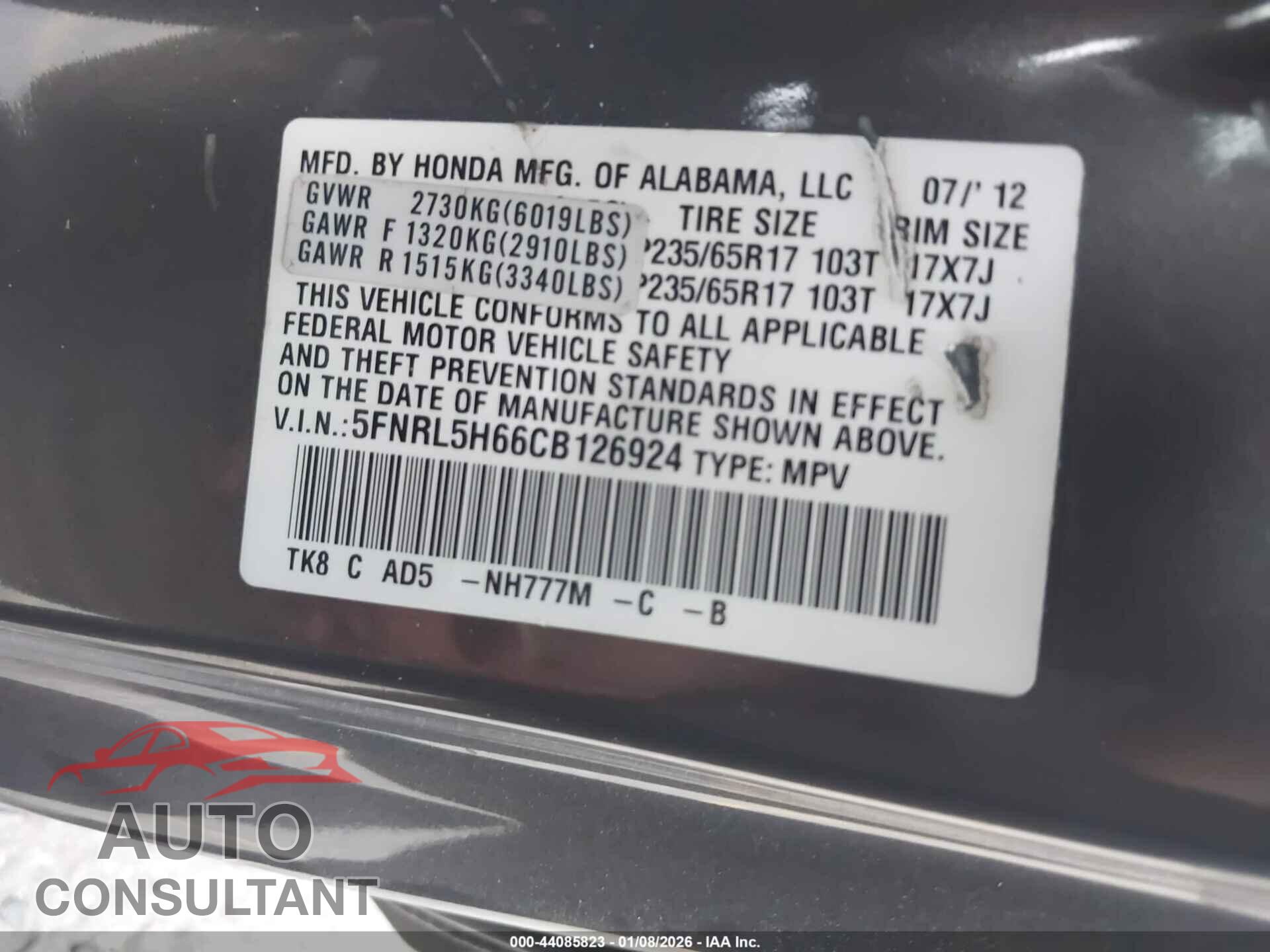 HONDA ODYSSEY 2012 - 5FNRL5H66CB126924