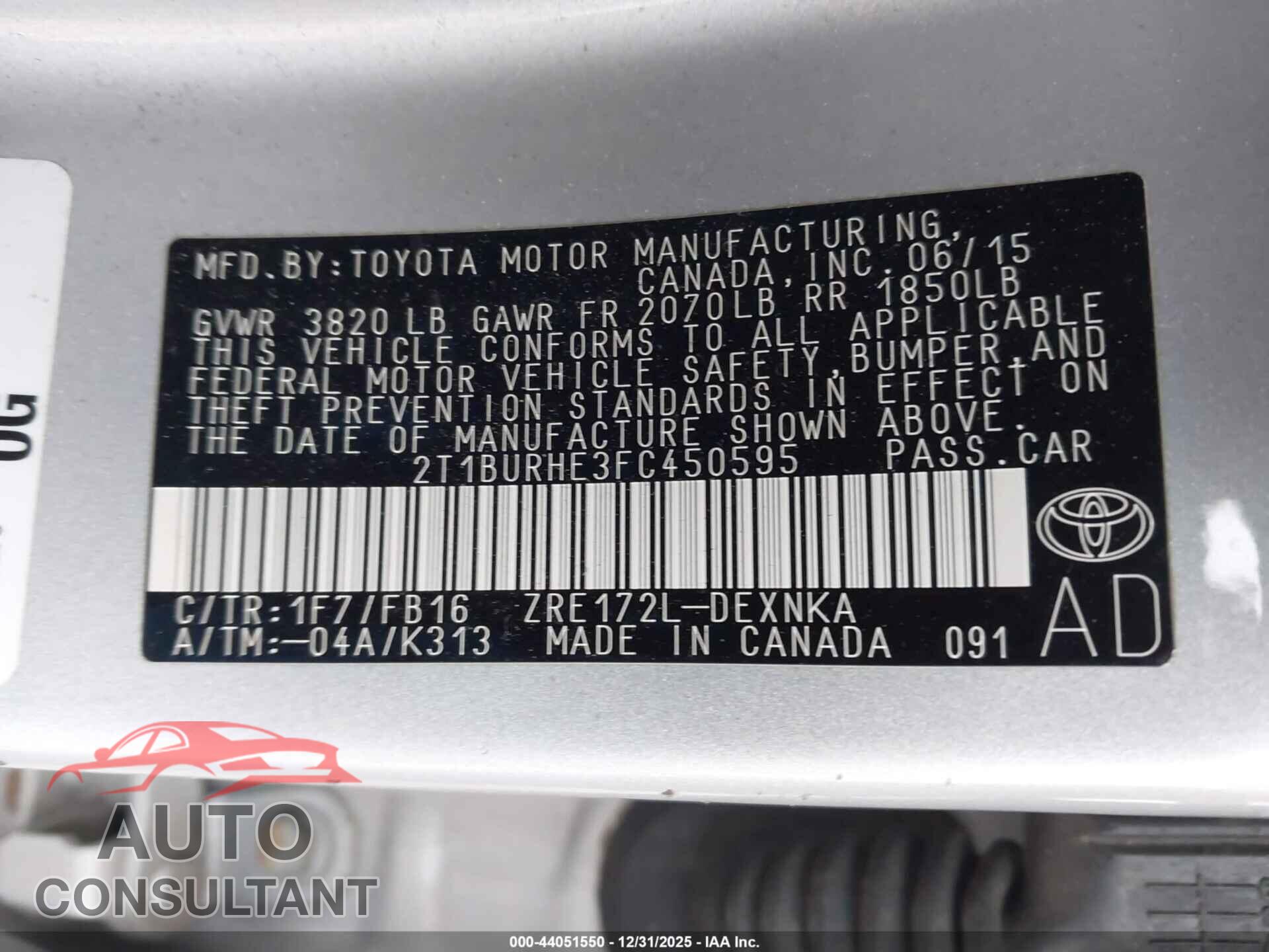 TOYOTA COROLLA 2015 - 2T1BURHE3FC450595
