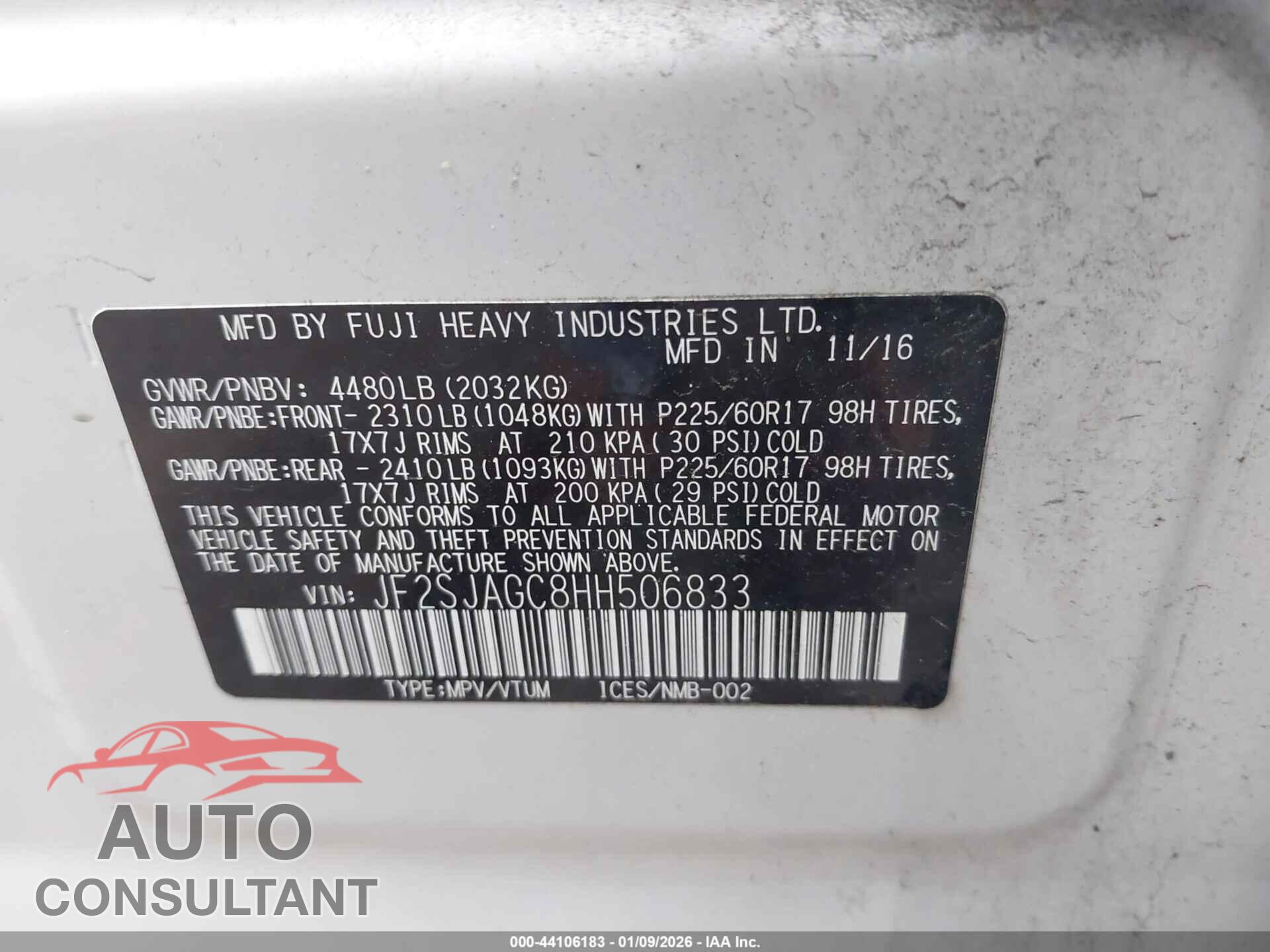 SUBARU FORESTER 2017 - JF2SJAGC8HH506833