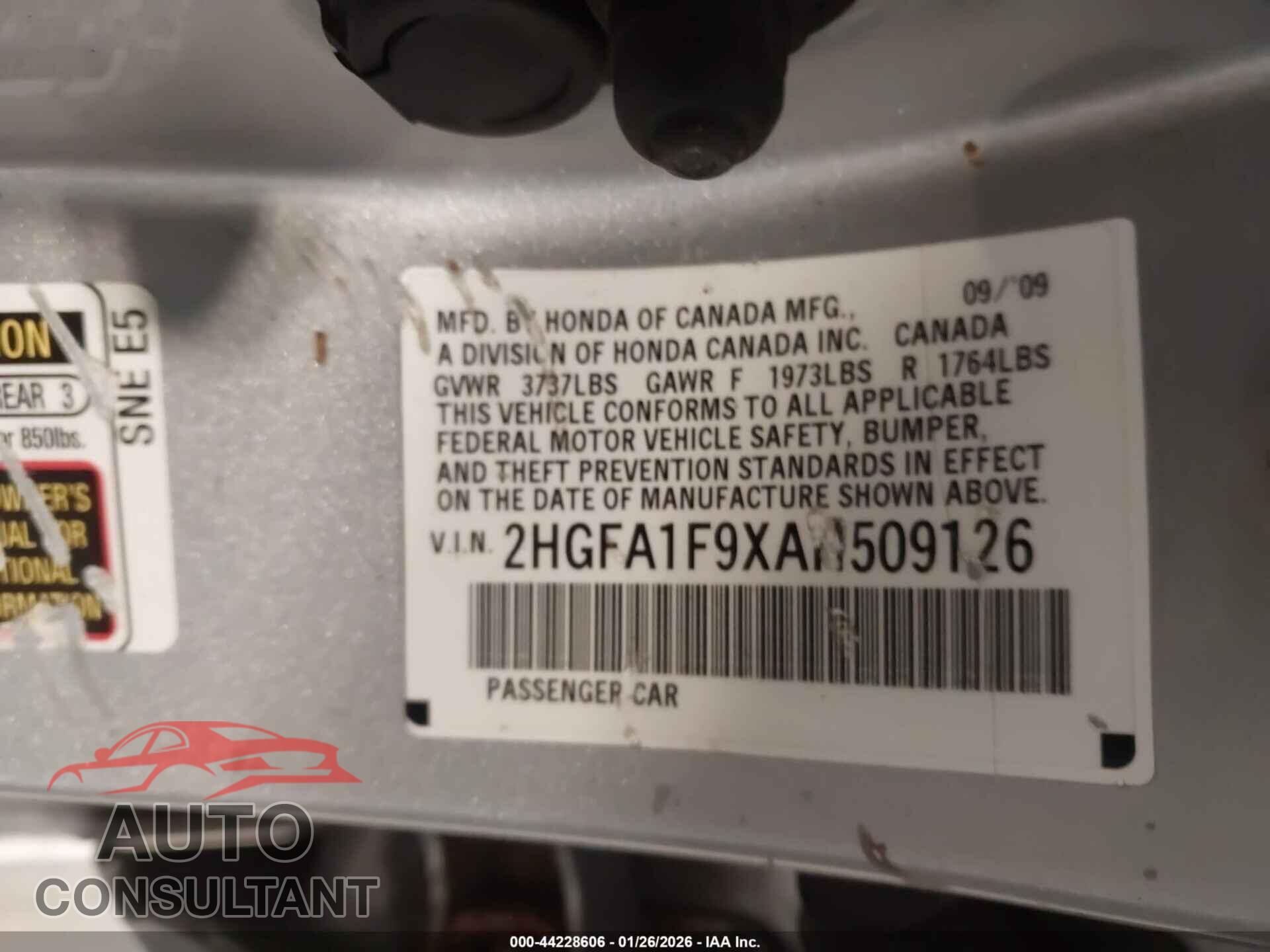 HONDA CIVIC 2010 - 2HGFA1F9XAH509126
