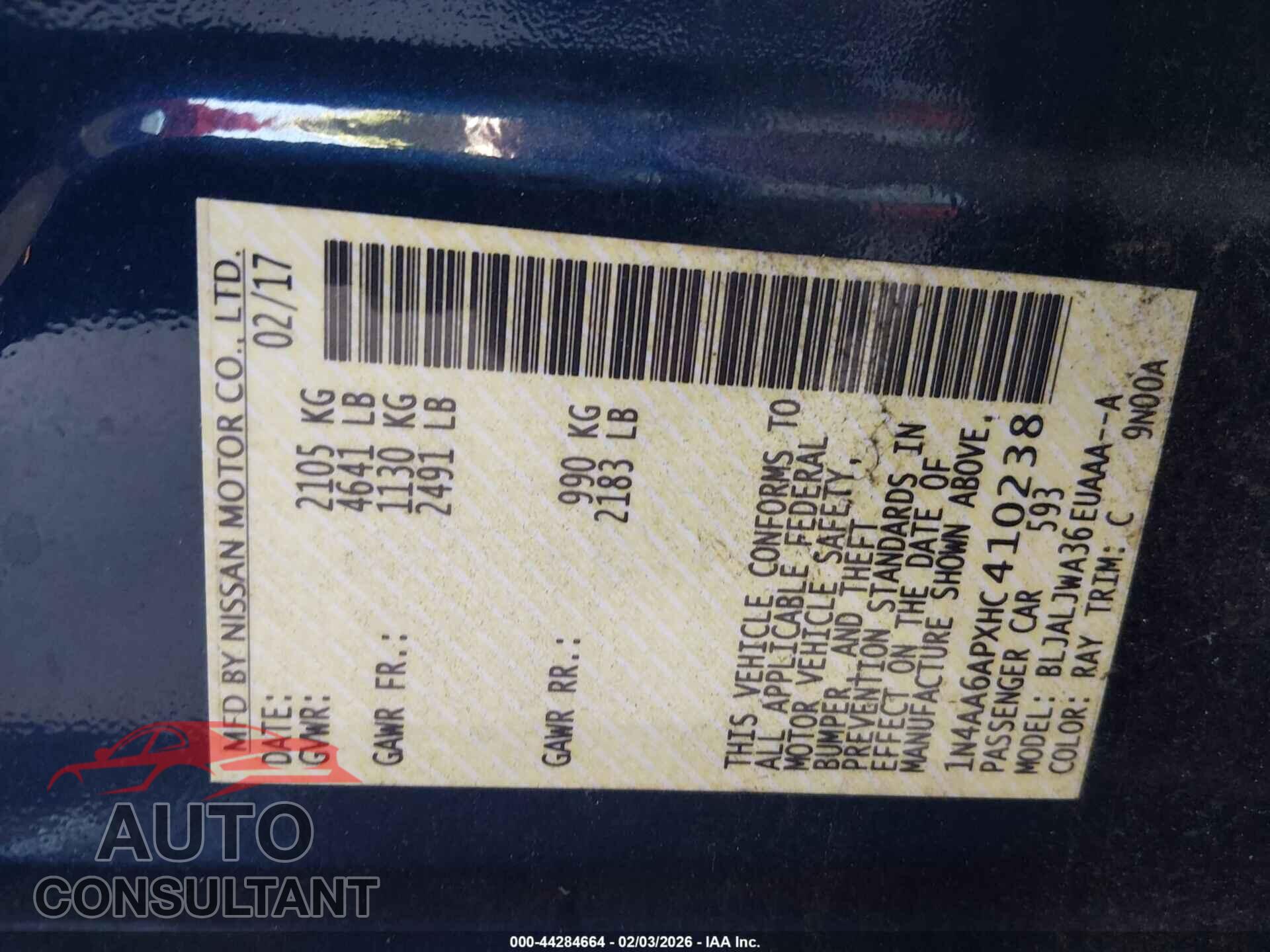 NISSAN MAXIMA 2017 - 1N4AA6APXHC410238