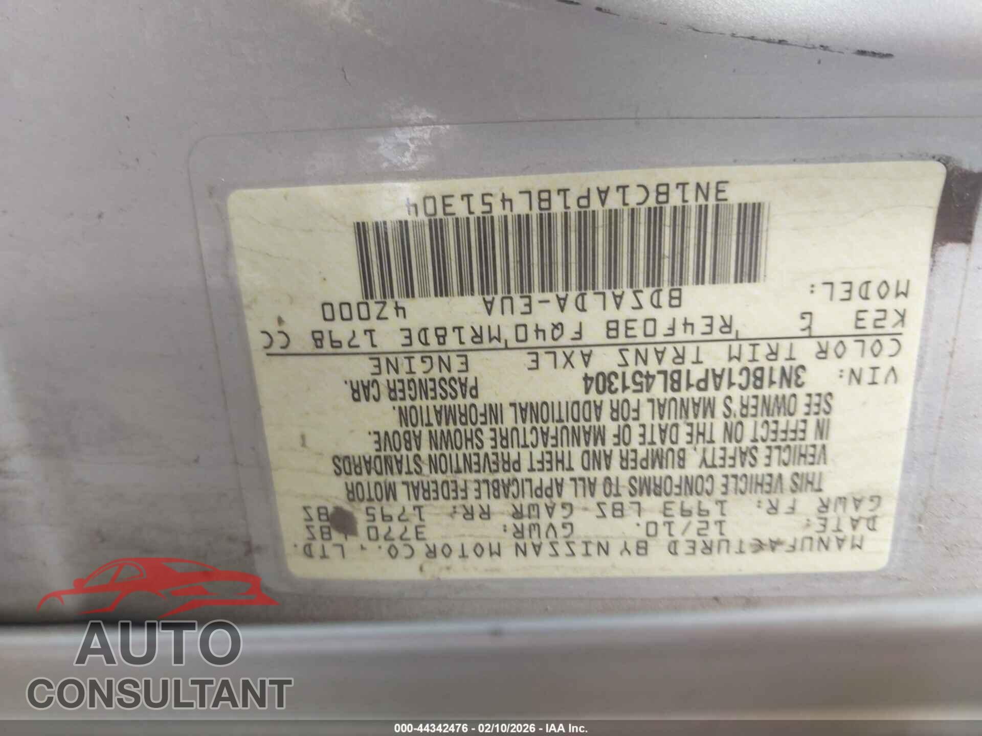 NISSAN VERSA 2011 - 3N1BC1AP1BL451304
