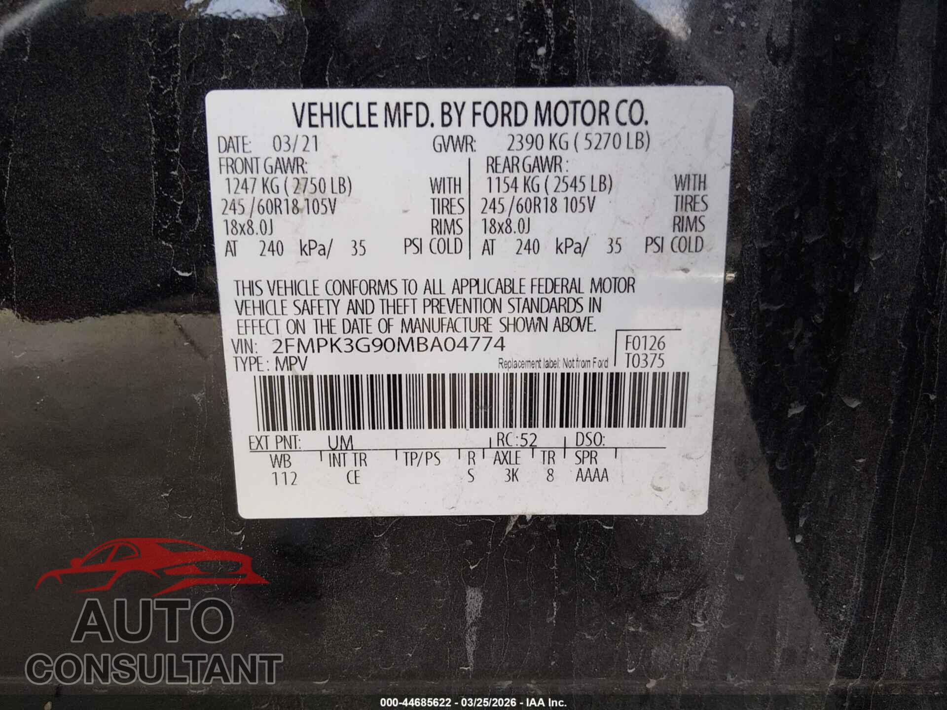FORD EDGE 2021 - 2FMPK3G90MBA04774
