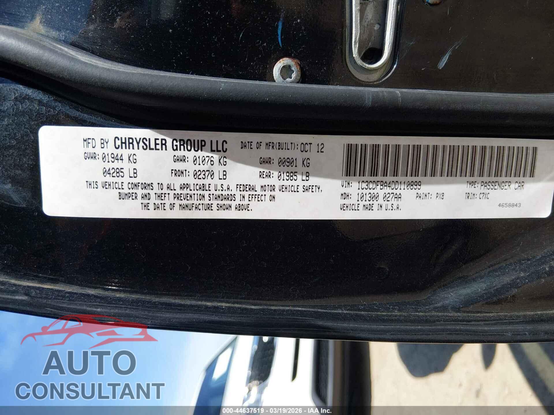 DODGE DART 2013 - 1C3CDFBA4DD110899