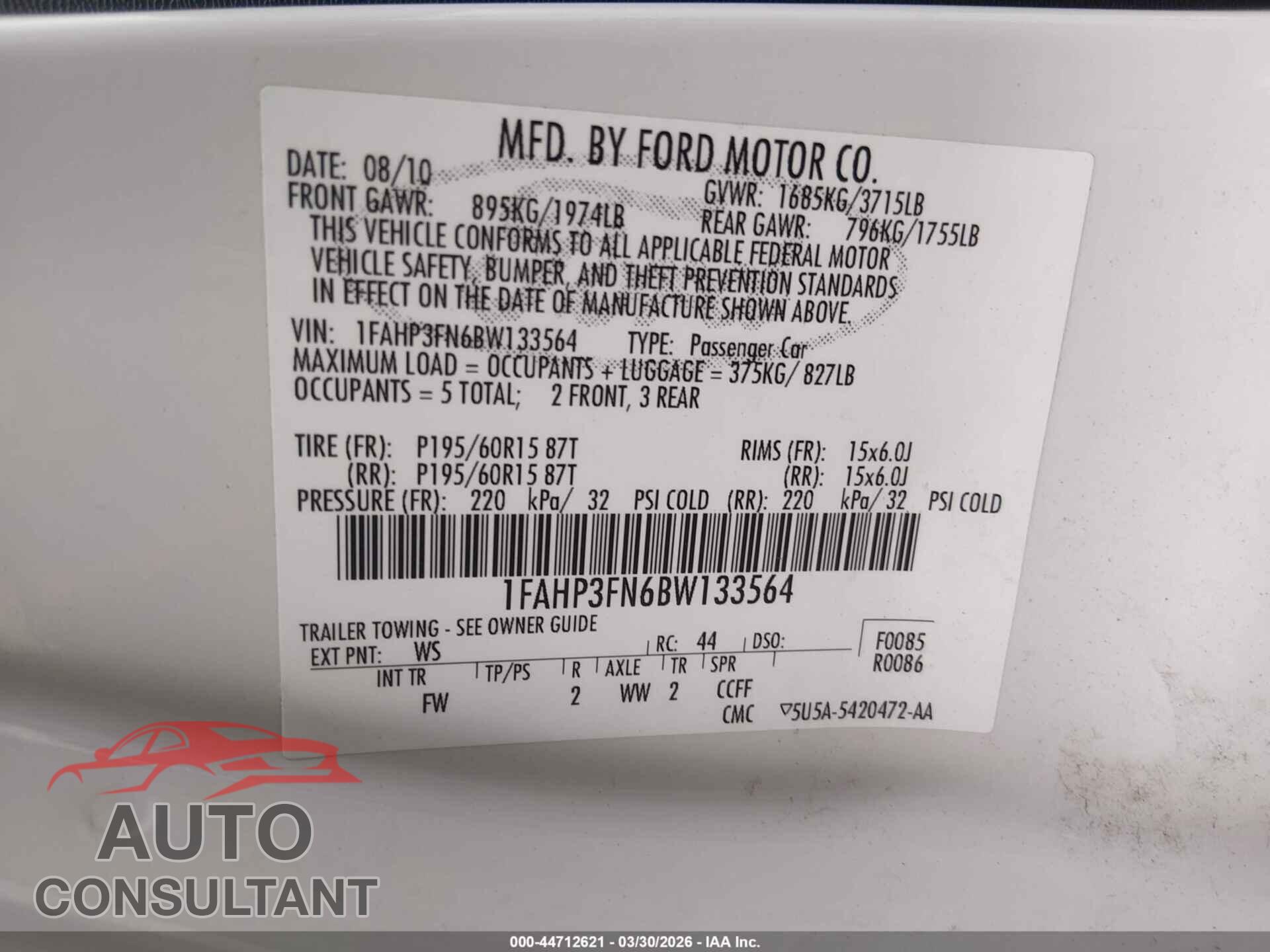 FORD FOCUS 2011 - 1FAHP3FN6BW133564