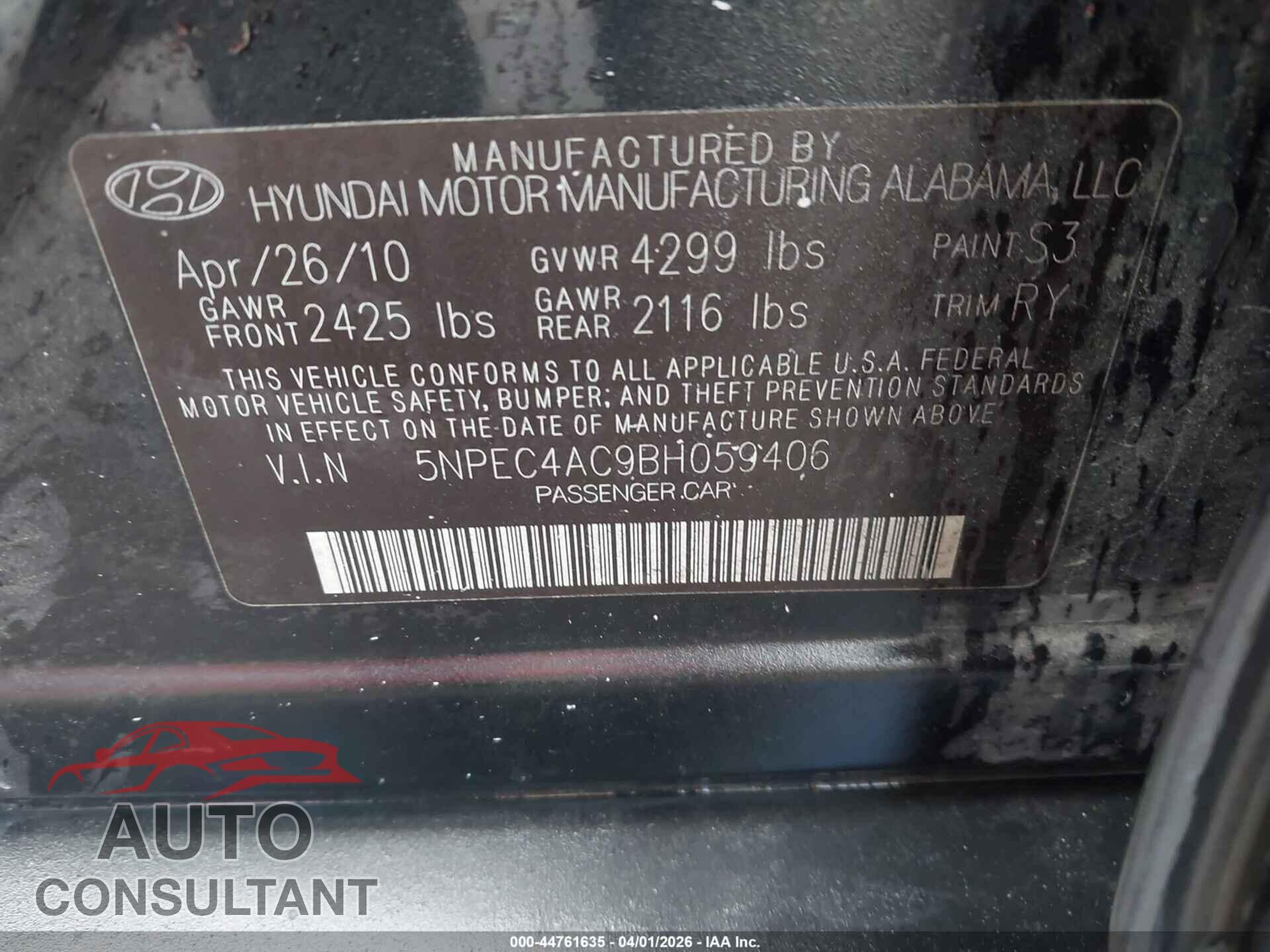 HYUNDAI SONATA 2011 - 5NPEC4AC9BH059406