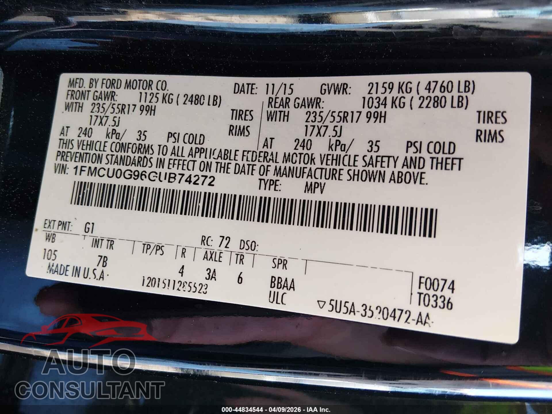 FORD ESCAPE 2016 - 1FMCU0G96GUB74272