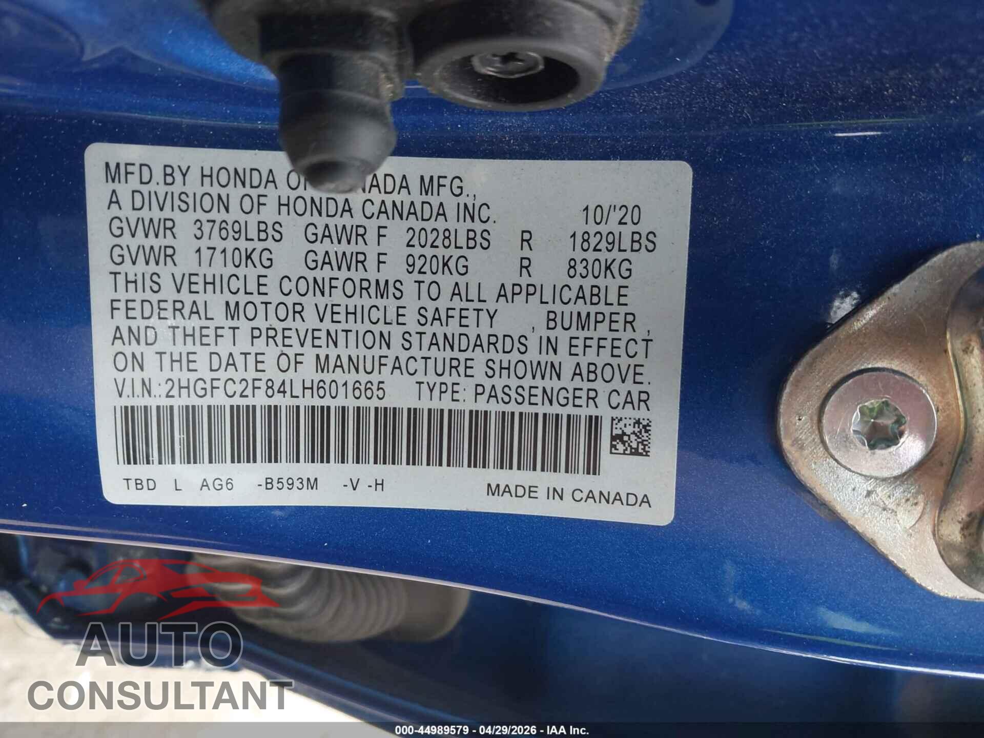 HONDA CIVIC 2020 - 2HGFC2F84LH601665