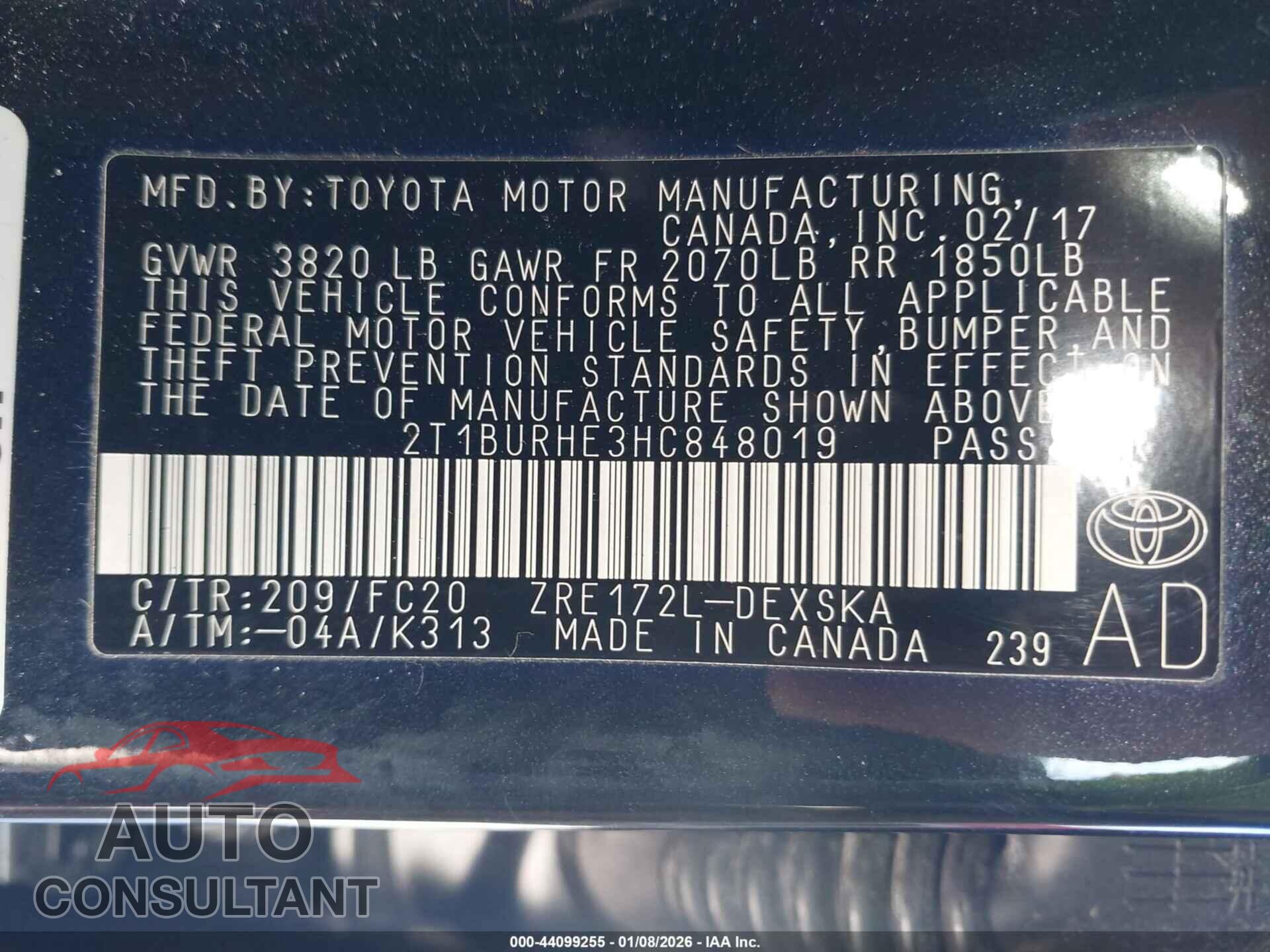 TOYOTA COROLLA 2017 - 2T1BURHE3HC848019