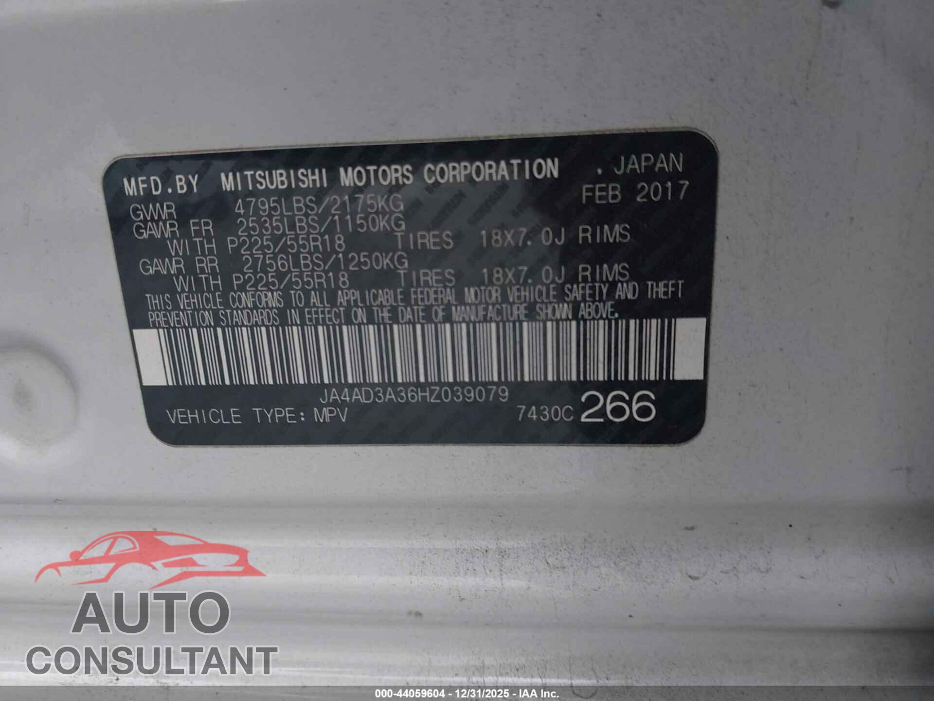 MITSUBISHI OUTLANDER 2017 - JA4AD3A36HZ039079