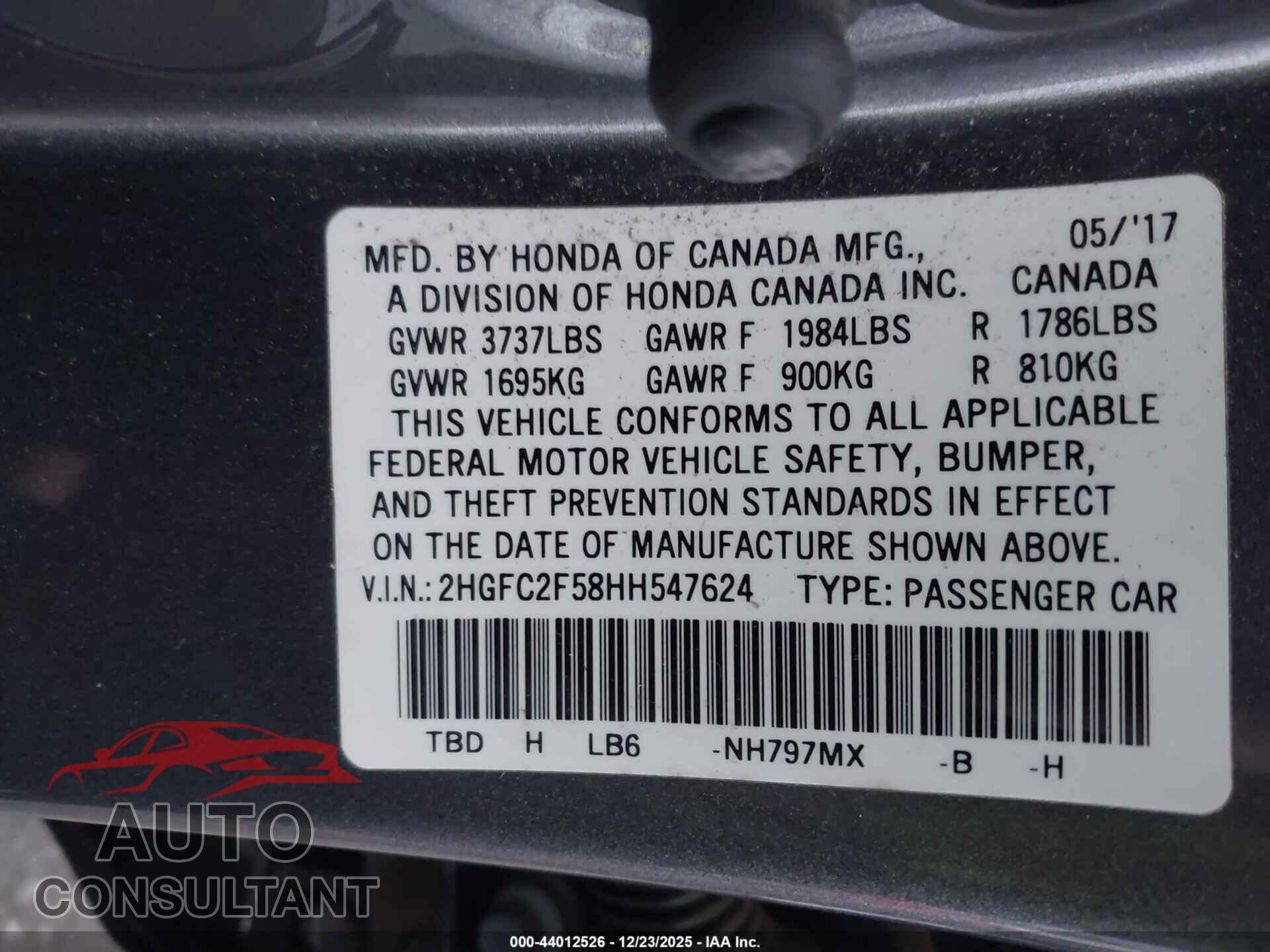 HONDA CIVIC 2017 - 2HGFC2F58HH547624