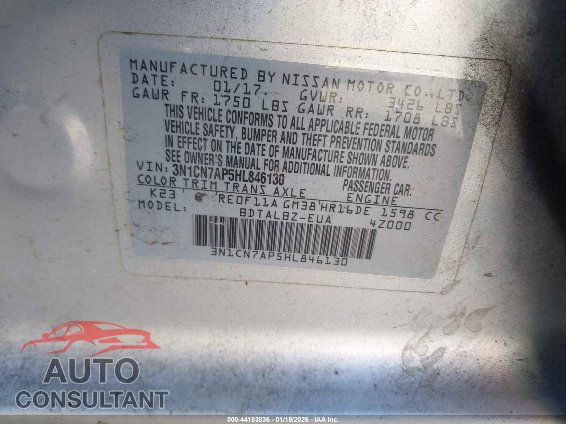 NISSAN VERSA 2017 - 3N1CN7AP5HL846130