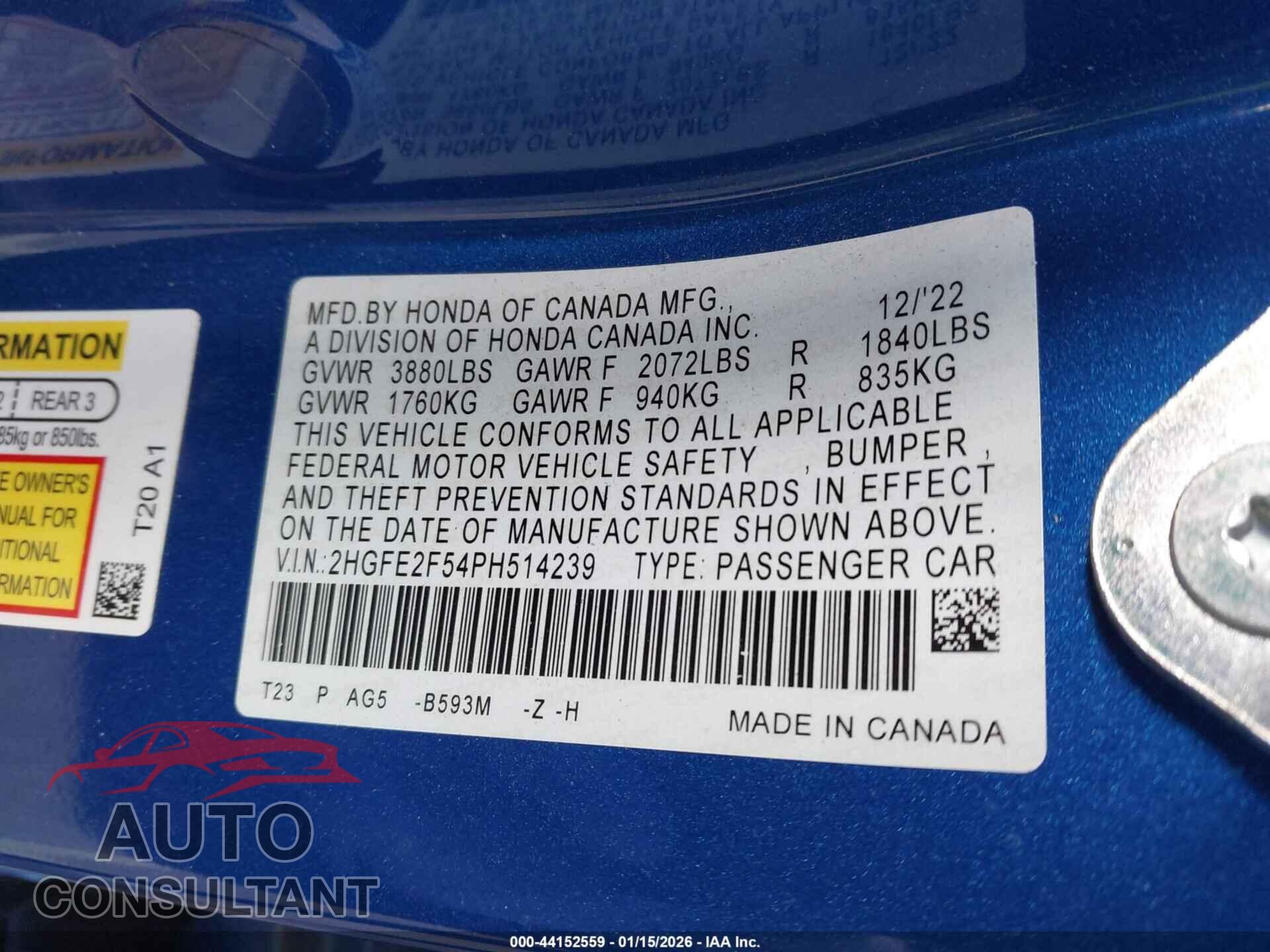HONDA CIVIC 2023 - 2HGFE2F54PH514239