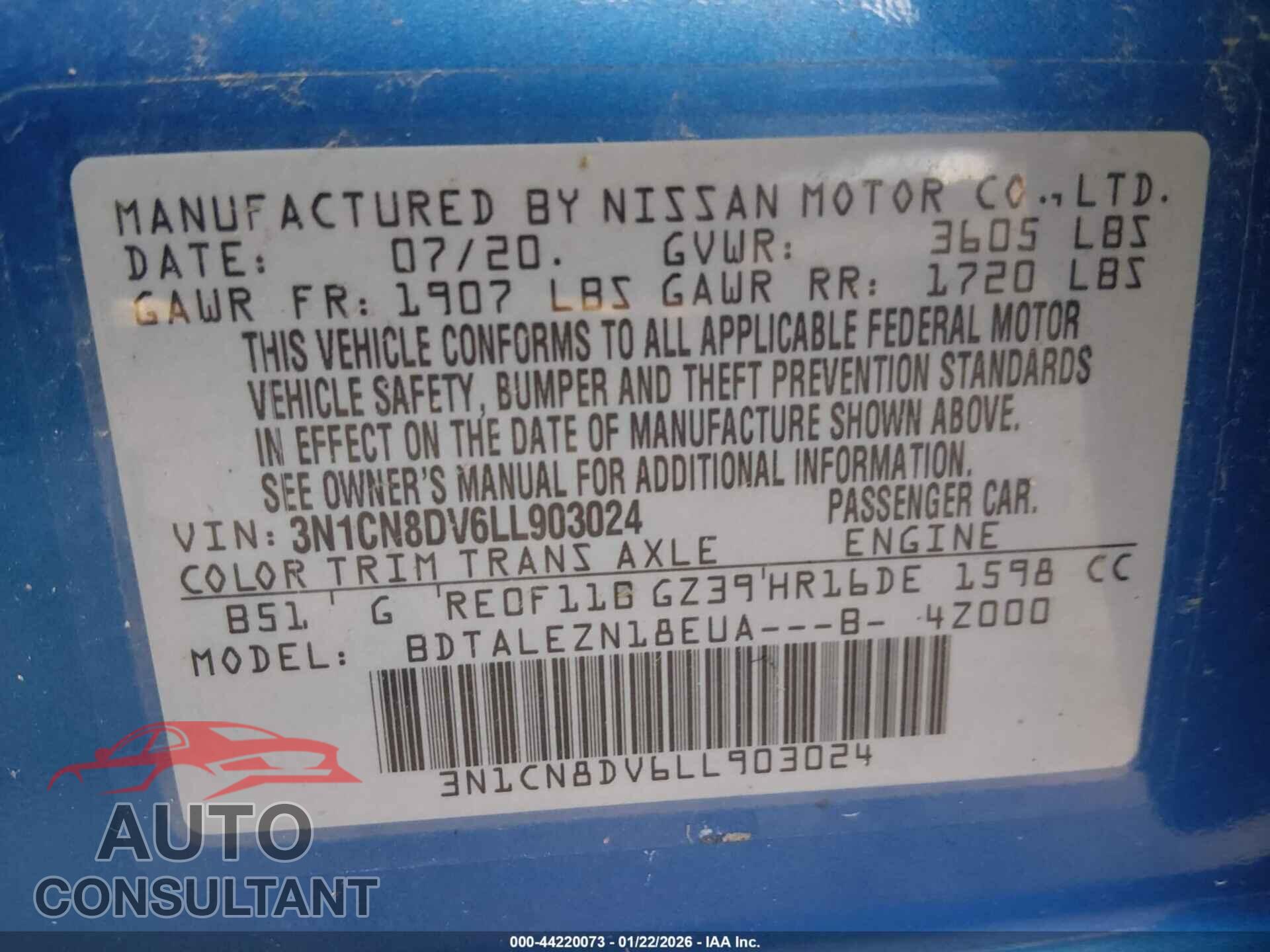 NISSAN VERSA 2020 - 3N1CN8DV6LL903024