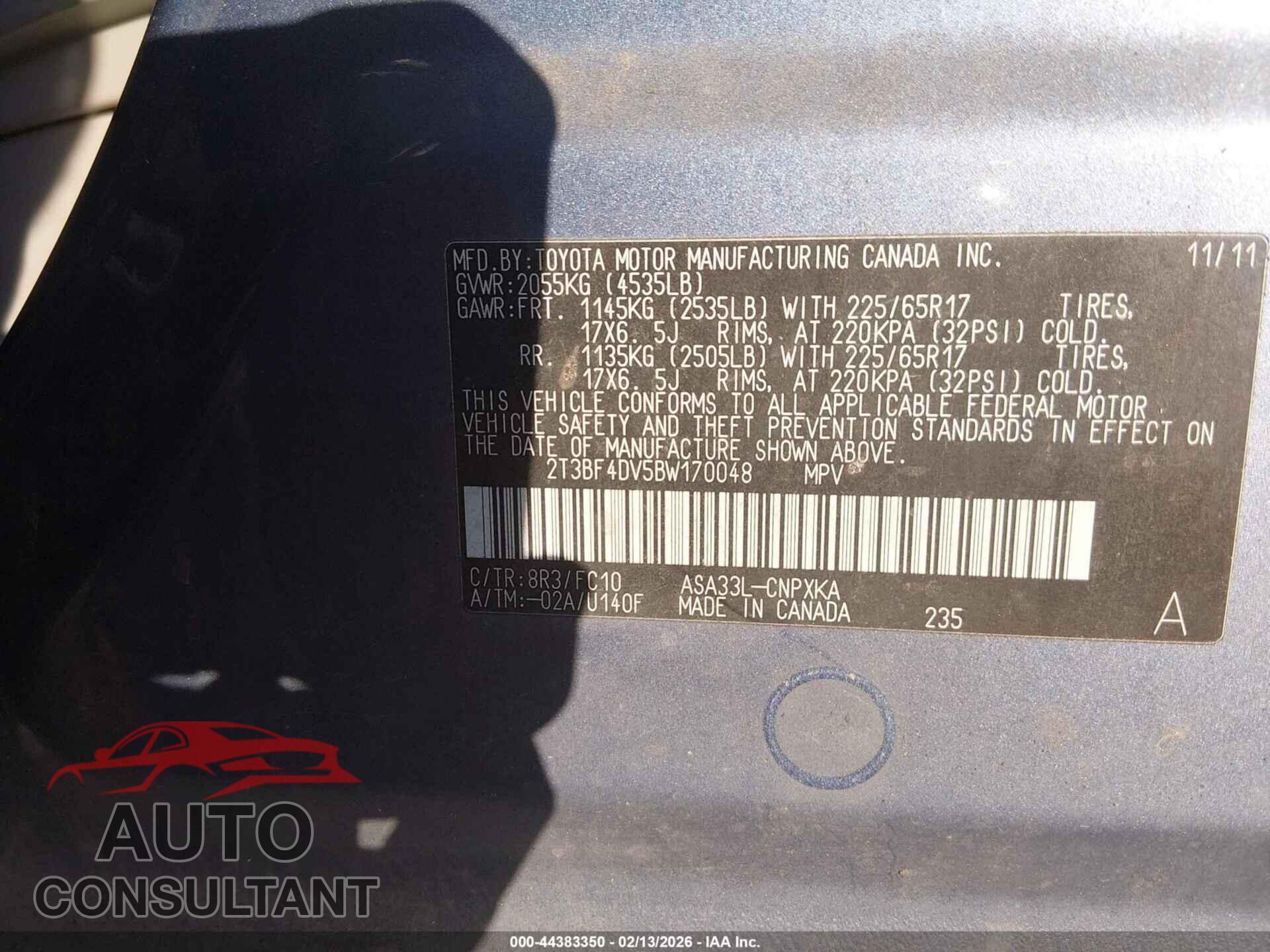 TOYOTA RAV4 2011 - 2T3BF4DV5BW170048