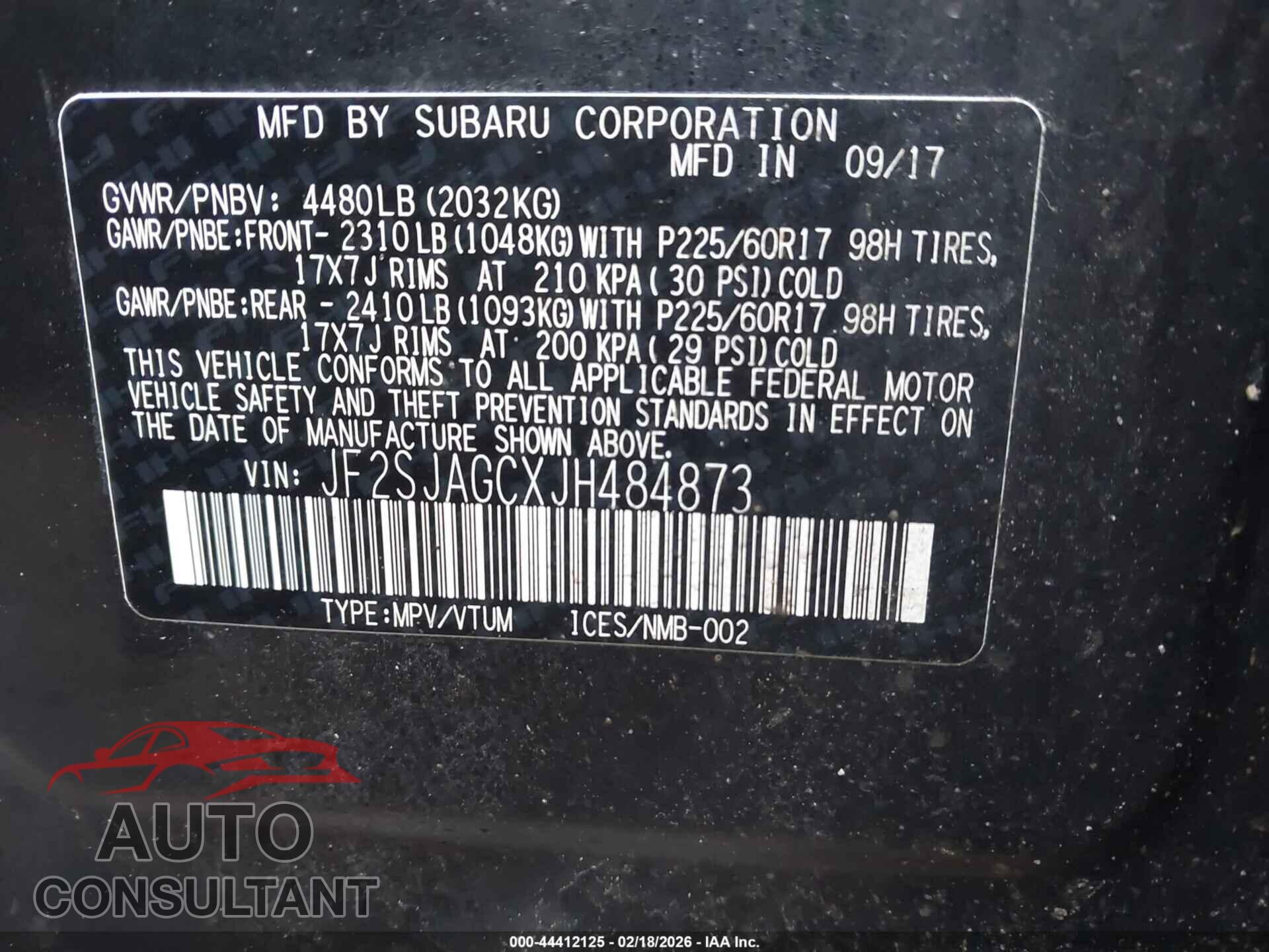SUBARU FORESTER 2018 - JF2SJAGCXJH484873