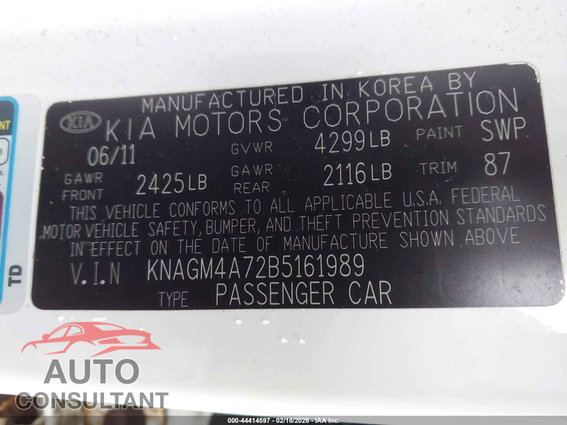 KIA OPTIMA 2011 - KNAGM4A72B5161989
