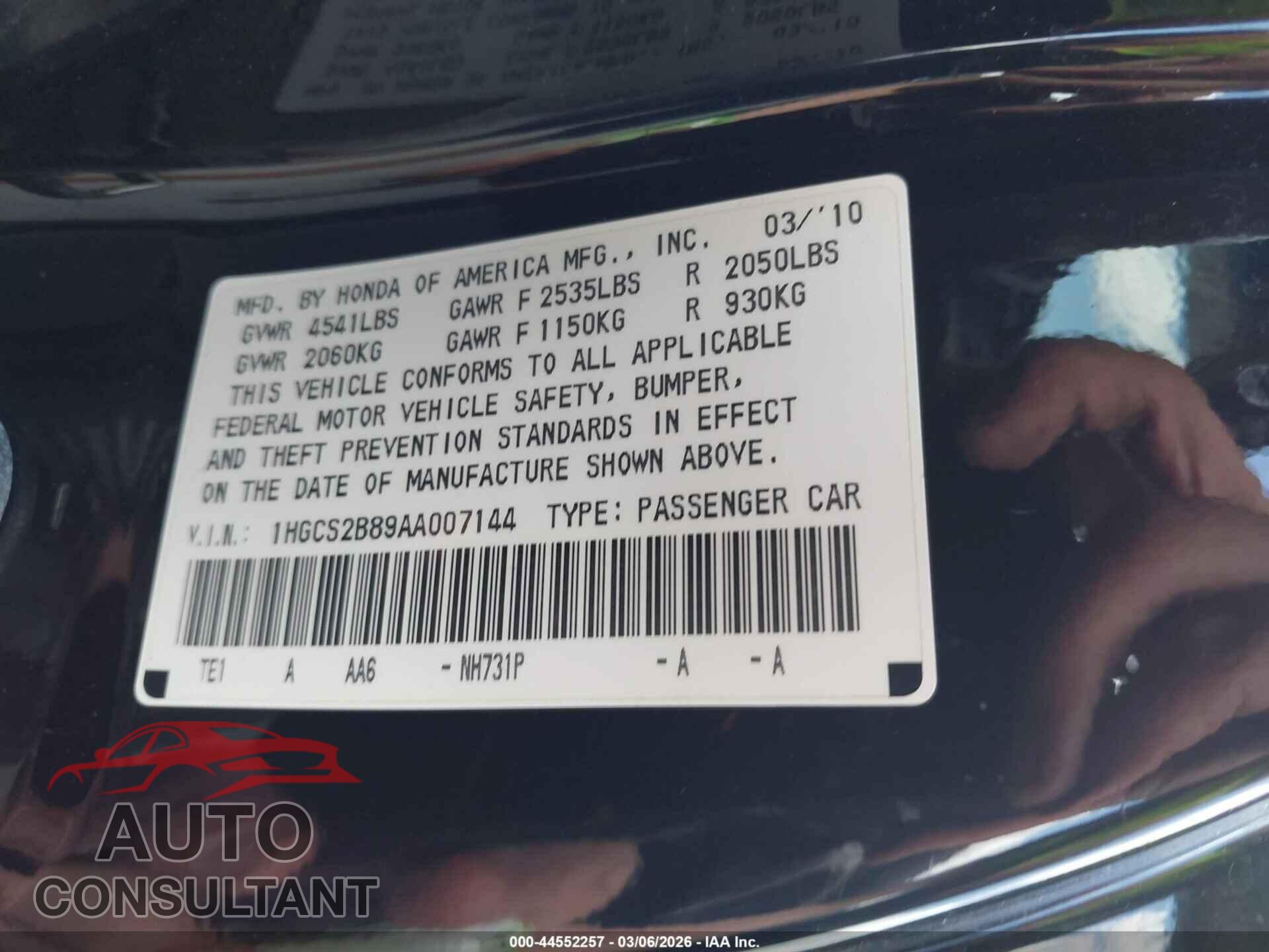 HONDA ACCORD 2010 - 1HGCS2B89AA007144